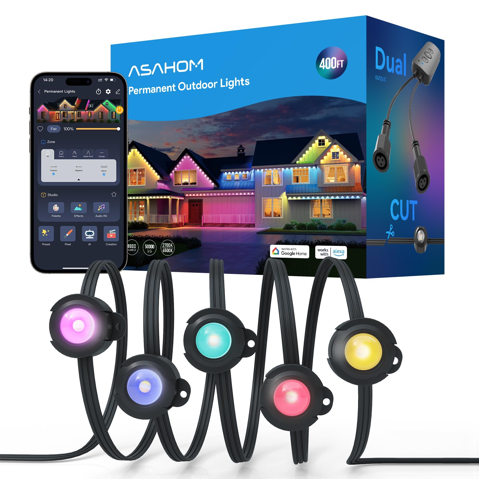 ASAHOM AI Permanent Outdoor Lights S107F, 400FT with 288 RGBCW LED Lights and Dual Output, 30,000 Lighting Effect Combination, I