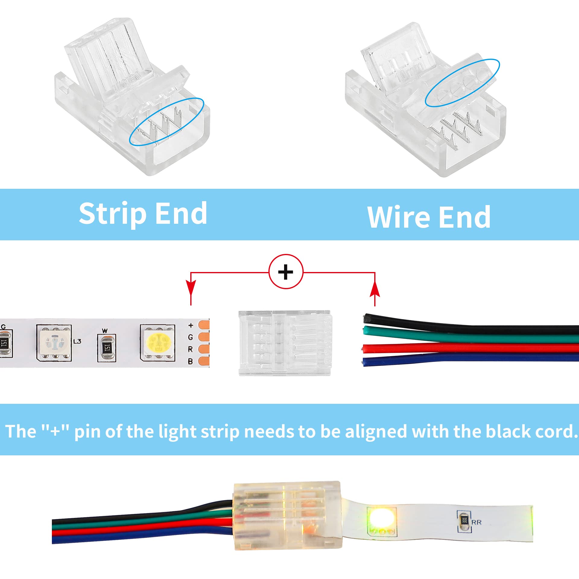 Homelylife 4 Pin Led Strip Connectors Solderless 10 Pcs With 16.4Ft Extension Cable 4 Conductor For Waterproof Or Non-Waterproof
