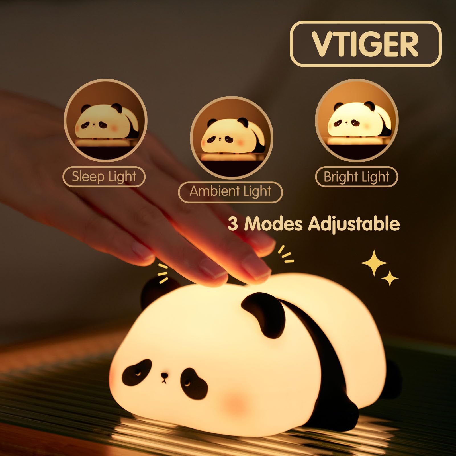 VTIGER Panda Night Light LED Lamp, Dimmable, Rechargeable, 5.15x4.45x2.36 inches, Silicone, Cute Design for Kids Bedroom