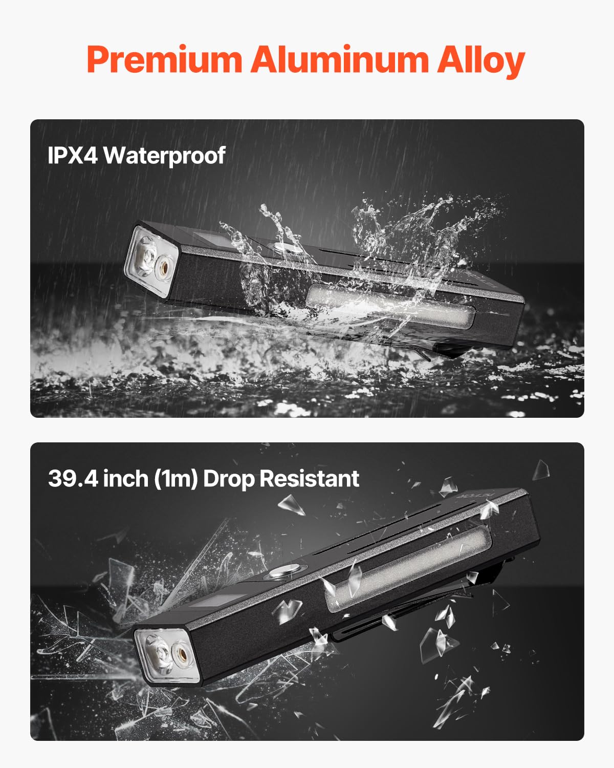 VEVOR EDC Flat Flashlight, 3-in-1 High Lumens LED, IPX4 Waterproof, Lightweight, Portable, Black, Model P100