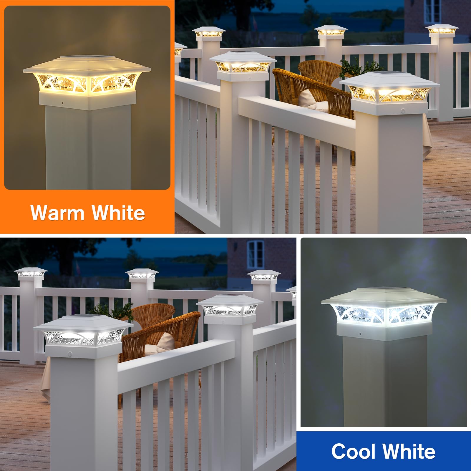 APONUO Solar Post Cap Lights 6 Pack, IP65 Waterproof, Auto On/Off, 2-Mode for 4x4 6x6 Posts, White, Model TZ21