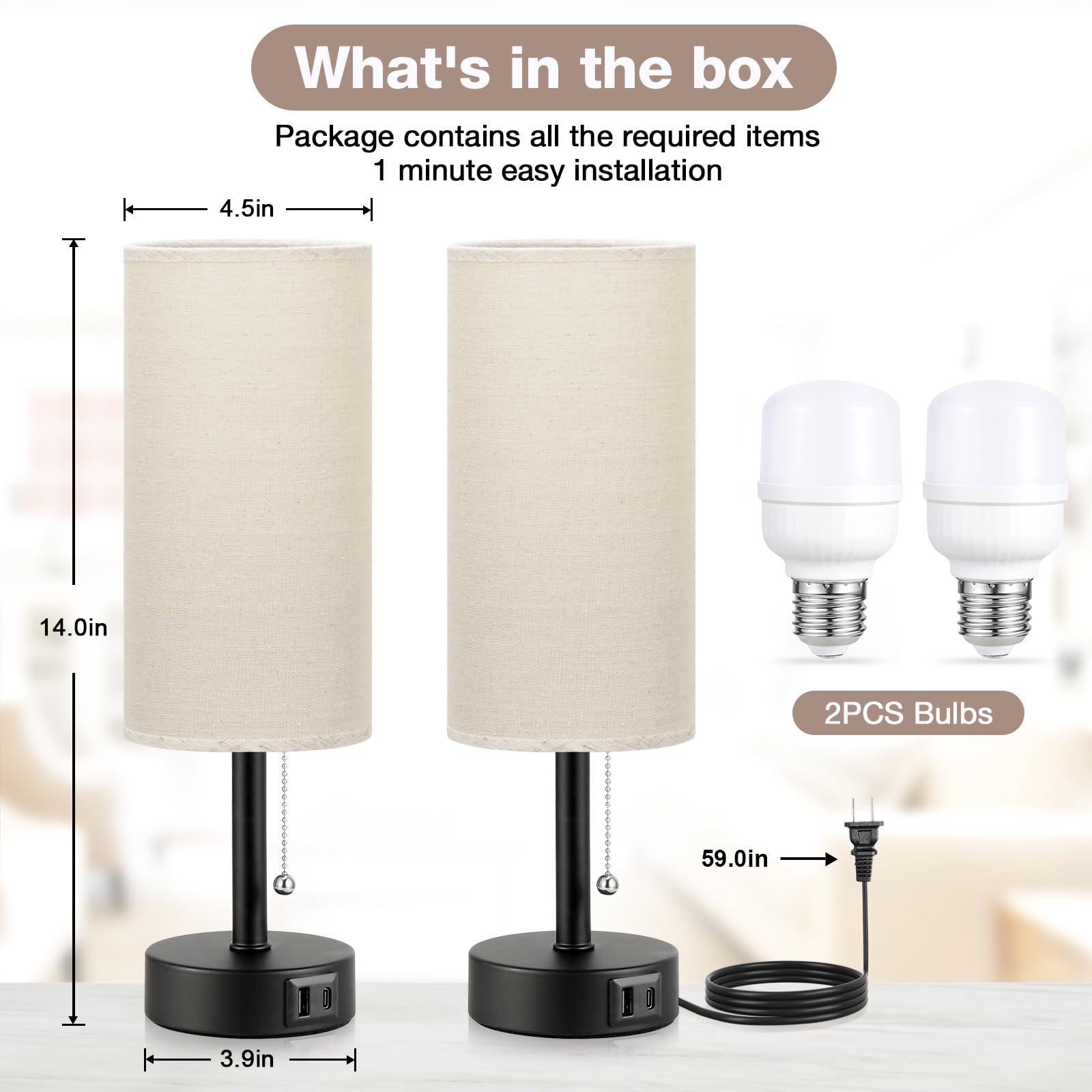 Bedside Lamps For Bedroom Set Of 2 - Nightstand Table Lamp With Usb A + C Charging Port, 3 Color Temperatures Pull Chain Night S