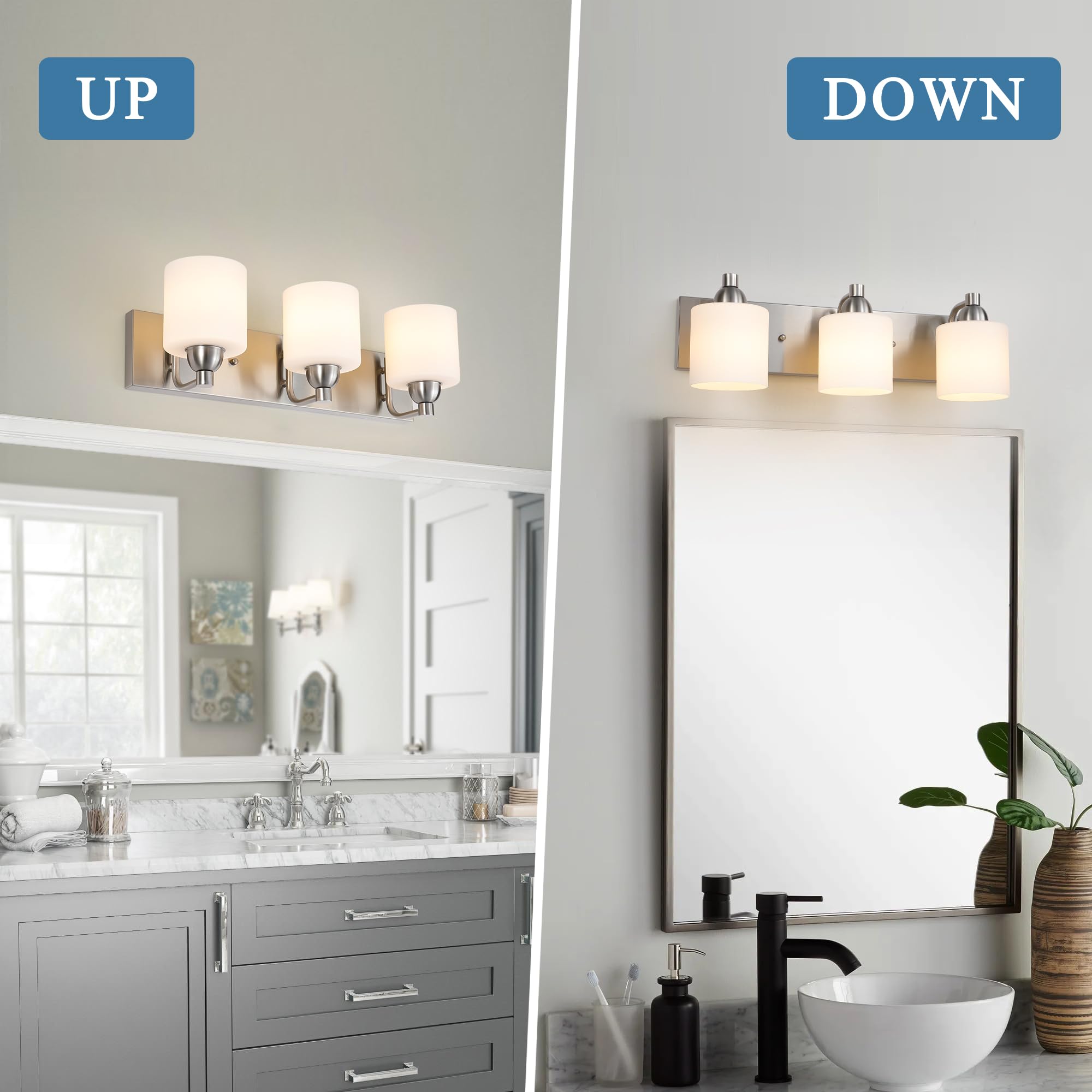 Mecgirn Stainless Steel Milk Glass Bathroom Vanity Light Over Mirror  3 Light Brushed Nickel Bathroom Light Fixtures With Frosted Glass  Modern Vanity Lighting Wall Mount
