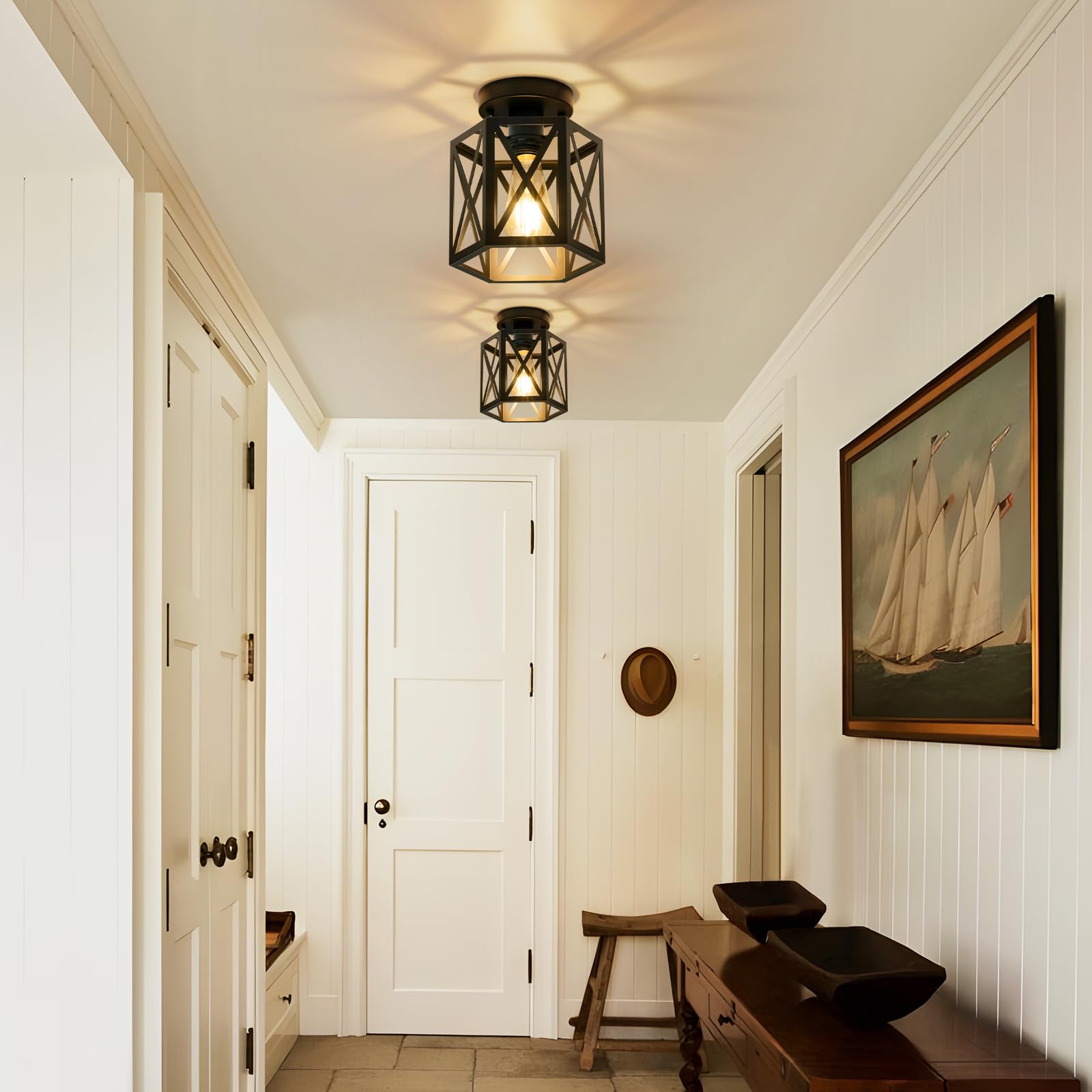 Oteedo Modern Semi Flush Mount Ceiling Light 1-Light Hexagon Flush Mount Ceiling Lights For Dining Room Light Fixture Farmhouse Black Metal Kitchen Island Lighting Fixtures For Hallway Bathroom