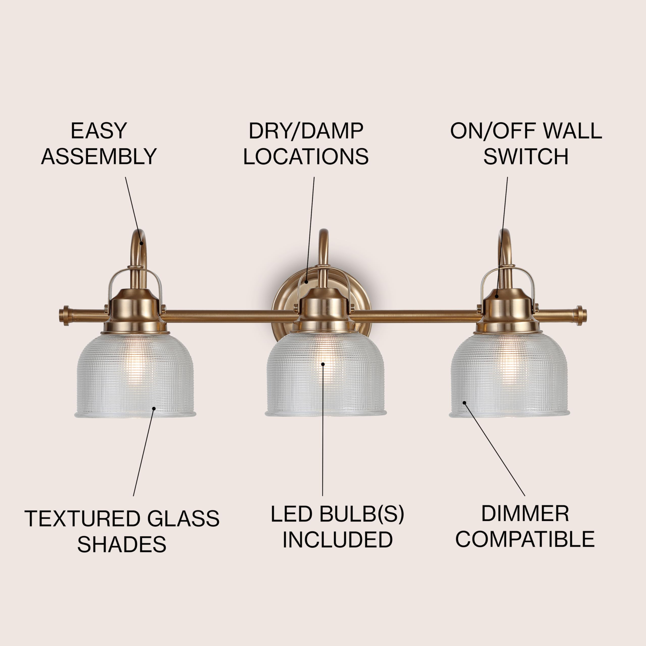 JONATHAN Y Virginia 3-Light Vanity Light Metal/Glass Brass Gold JYL7409B
