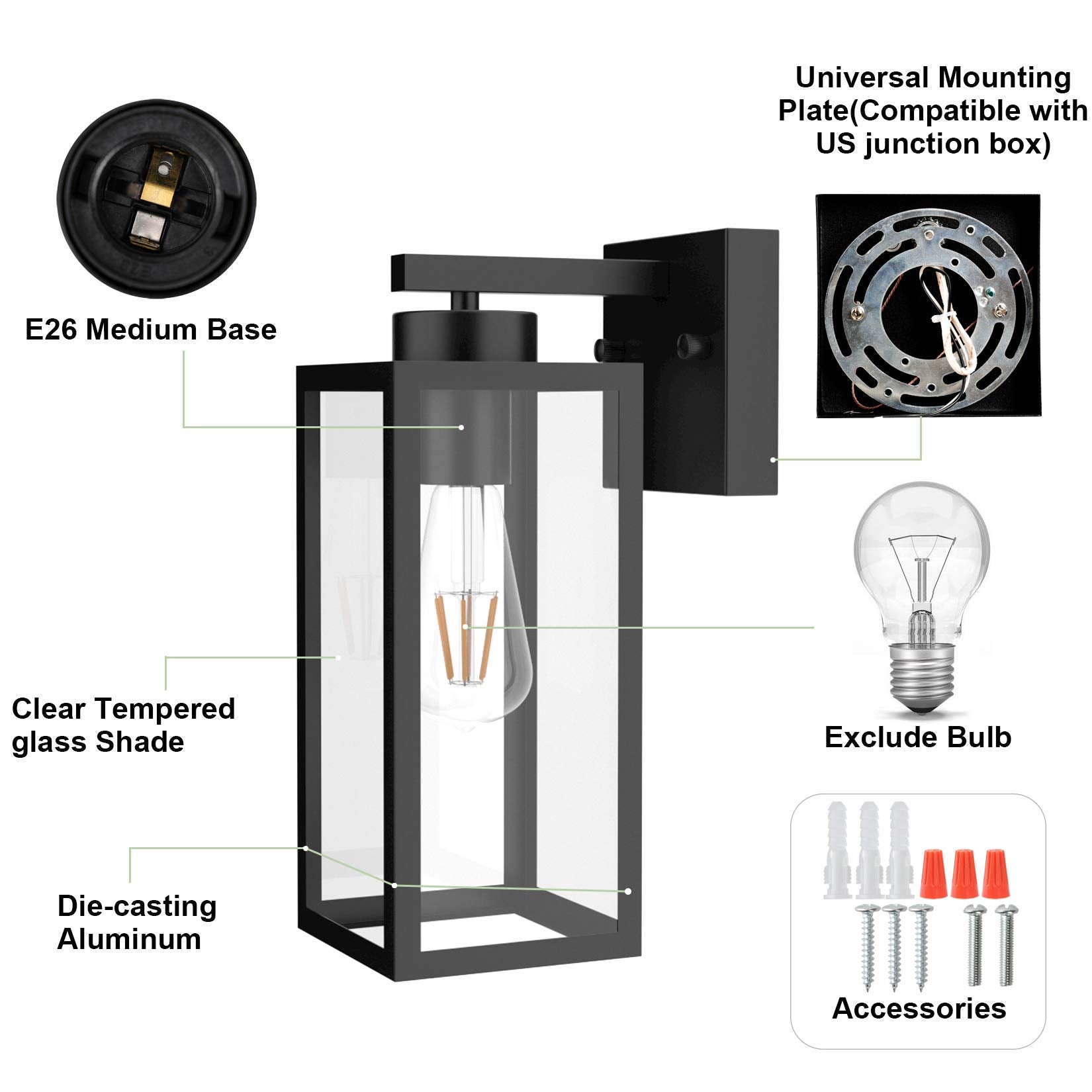 Tipace Black Outdoor Wall Lanterns, 2 Pack Sconces With Clear Glass Shade For Entryway & Porch