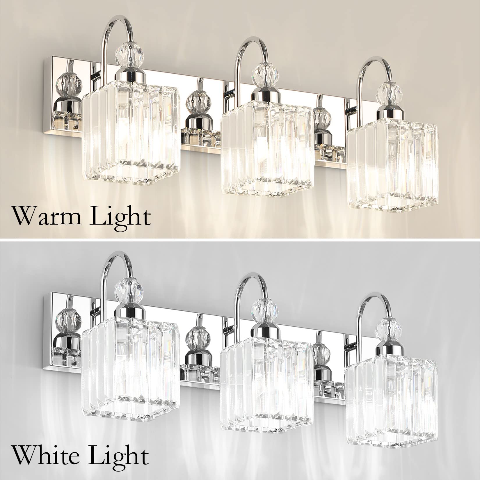Ralbay Chrome Crystal Bathroom Vanity Light 3-Light Stainless Steel 8607 Square-Chrome 24in  Modern Fixture