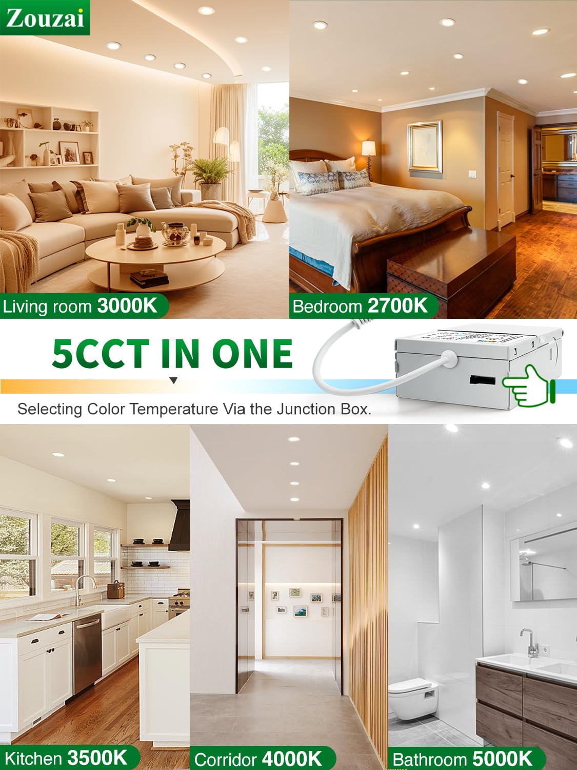 Zouzai 1 Pack 4 Inch Black 5Cct Ultra-Thin Led Recessed Ceiling Light With Junction Box, 2700K/3000K/3500K/4000K/5000K Selectabl