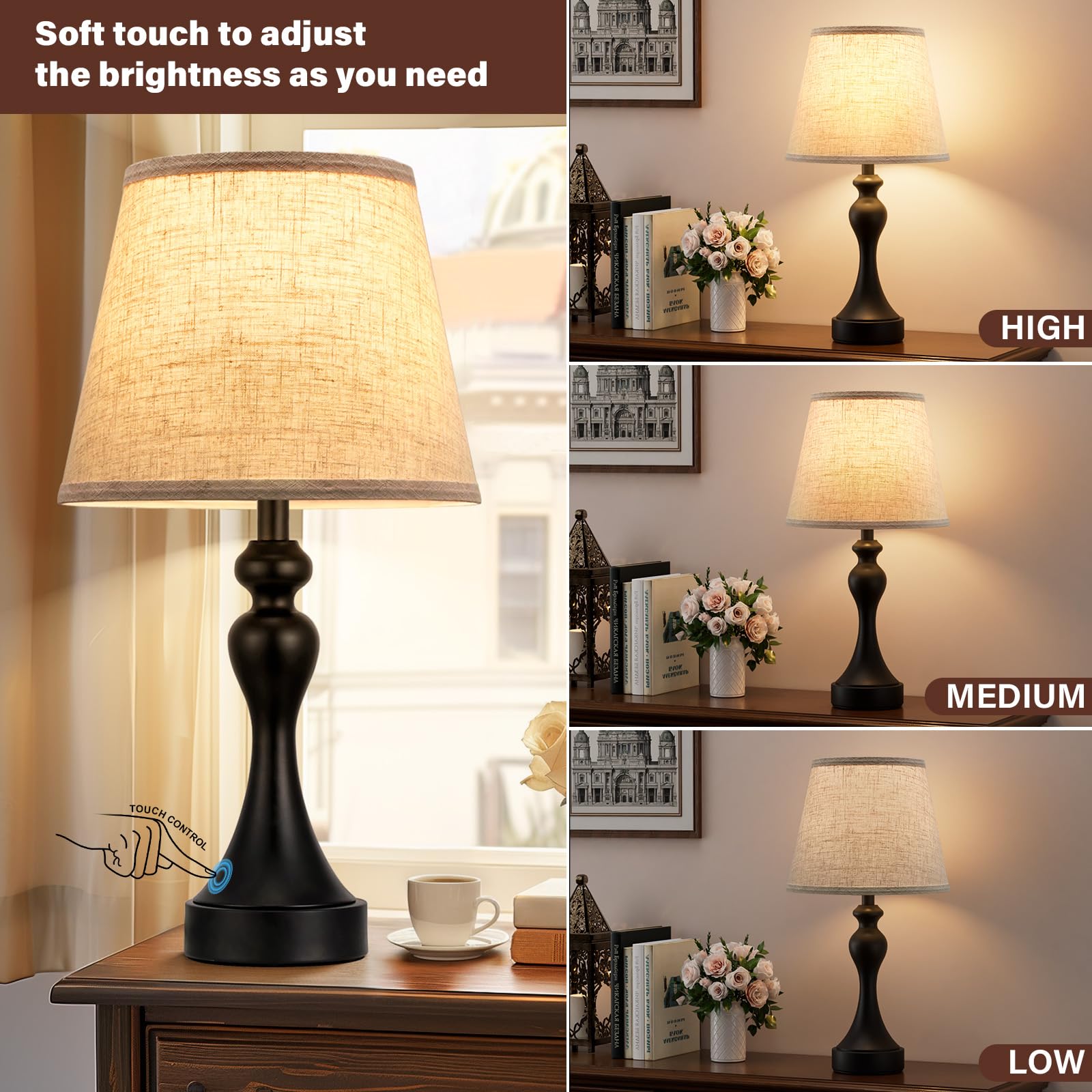 Seealle Touch Lamps Set of 2 - 3 Way Dimmable, USB C+A, Beige Shade & Black Base, Model 07026 for Nightstand & Bedroom