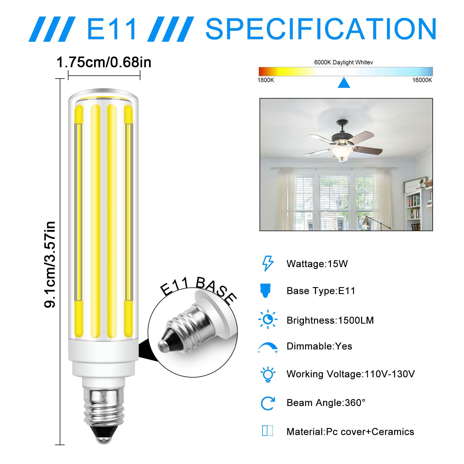 ZHENMING E11 Dimmable LED Bulb 15W 1500LM, 100W-150W Halogen Equivalent, Daylight White 6000K, 4 Packs