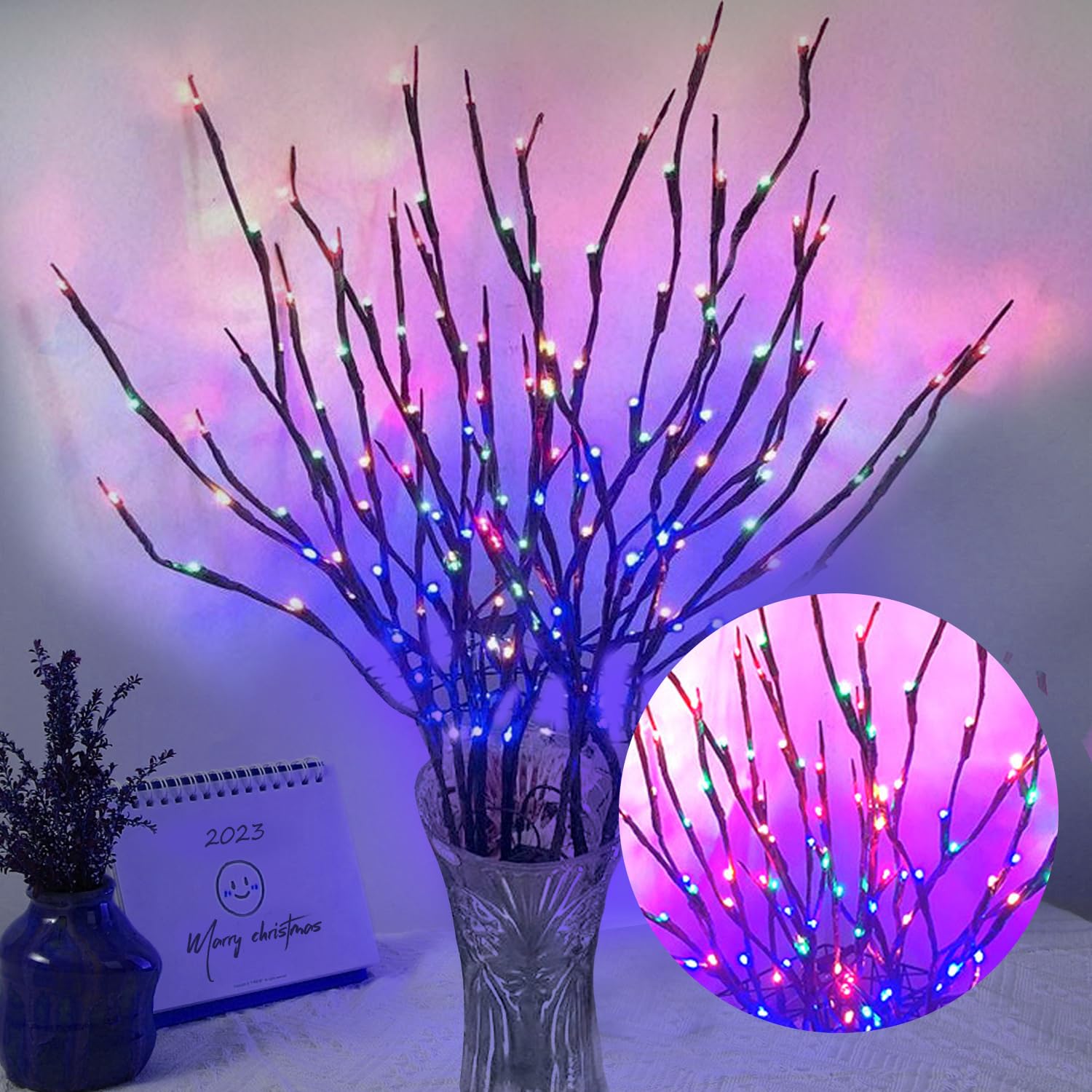 DK177 2 Pack Led Branch Light Battery Operated Lighted Branch Vase Filler Willow Tree Artificial Little Twig Power Brown 30 Inch 20 LED for Home Outdoor Indoor Romantic Decoration, Multicolor Light