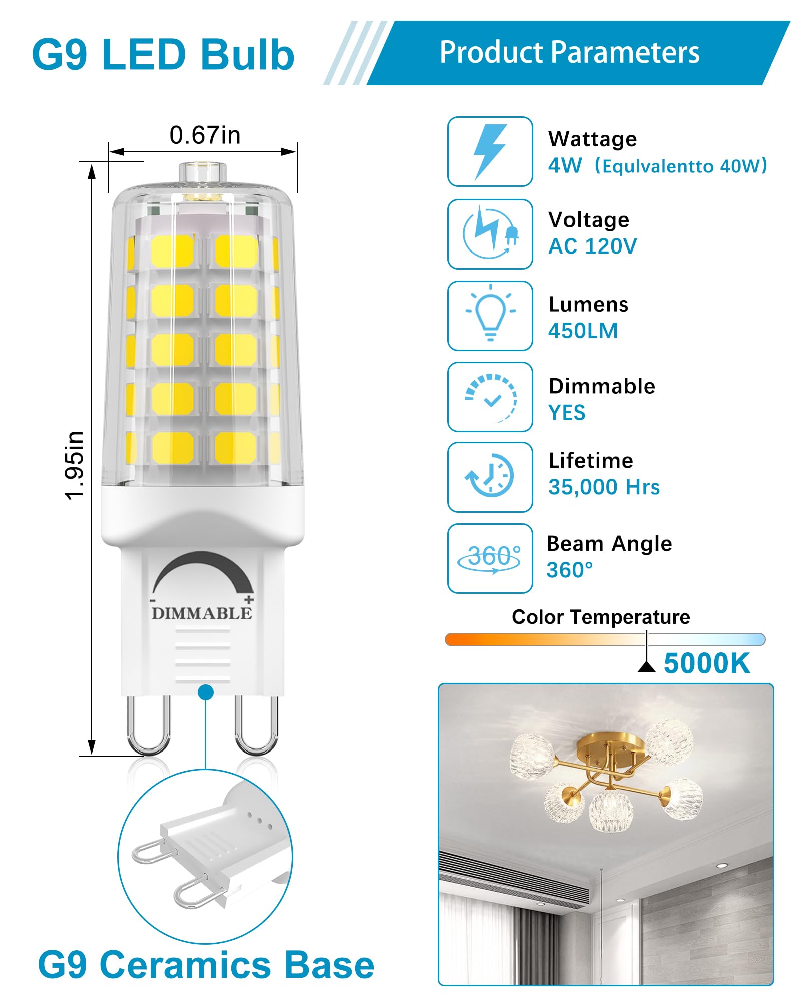 Gohdlamp 10 Pack G9 Led Bulbs Dimmable 5000K, 40W Equivalent T4 Chandelier Lights, 4W 5000K Daylight White 450Lm, Bi-Pin G9 Base
