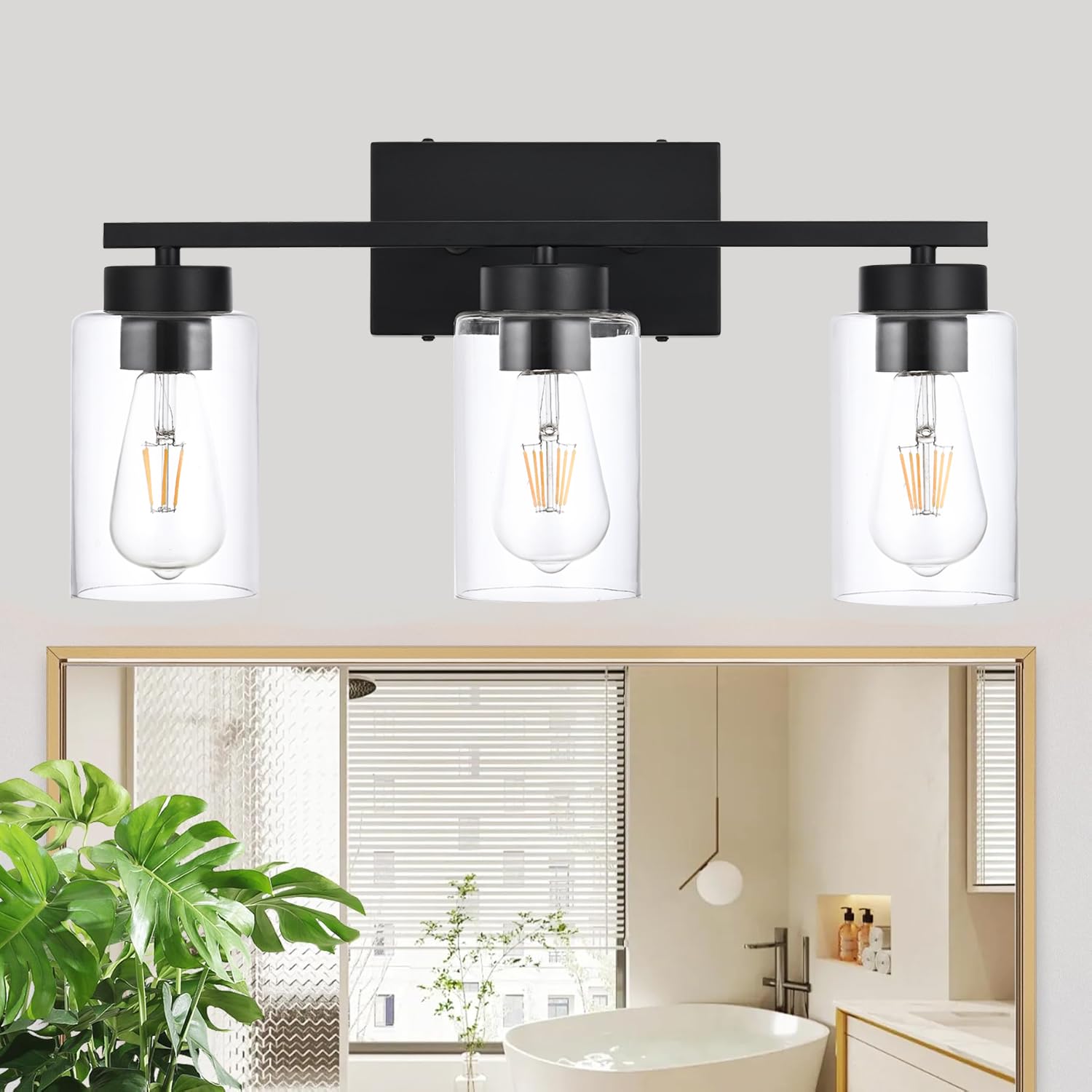 A1A9 3-Light Bathroom Vanity Light, Modern Black Wall Lights With Clear Glass Shades, Bathroom Wall Sconce Lamp For Mirror Livin