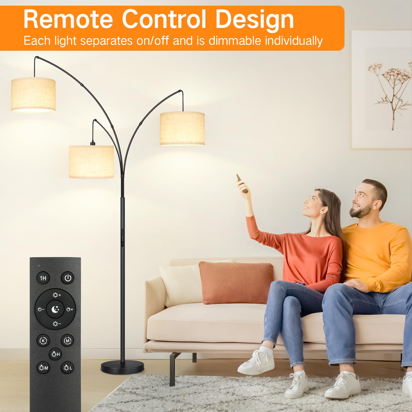 Outon Arc Led Floor Lamp With Remote & Touch Control, Dimmable Modern Black 3 Light Arched Tall Floor Lamp, Mid Century Adjustab