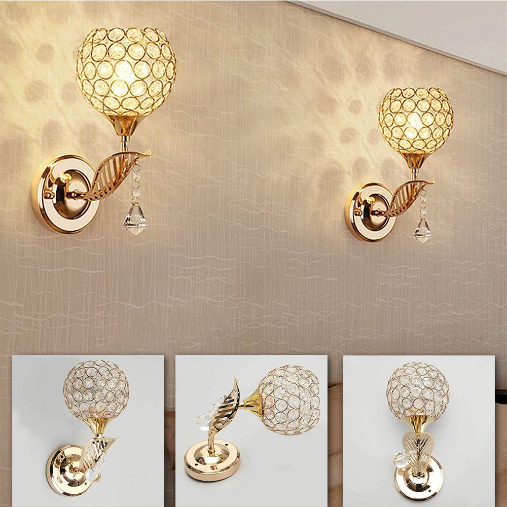 WeFoonLo Modern Crystal Wall Light Fixture, Chrome Finish, Gold, E14 Socket, Model TL1135, Bedroom Sconce with Pull Cord Switch