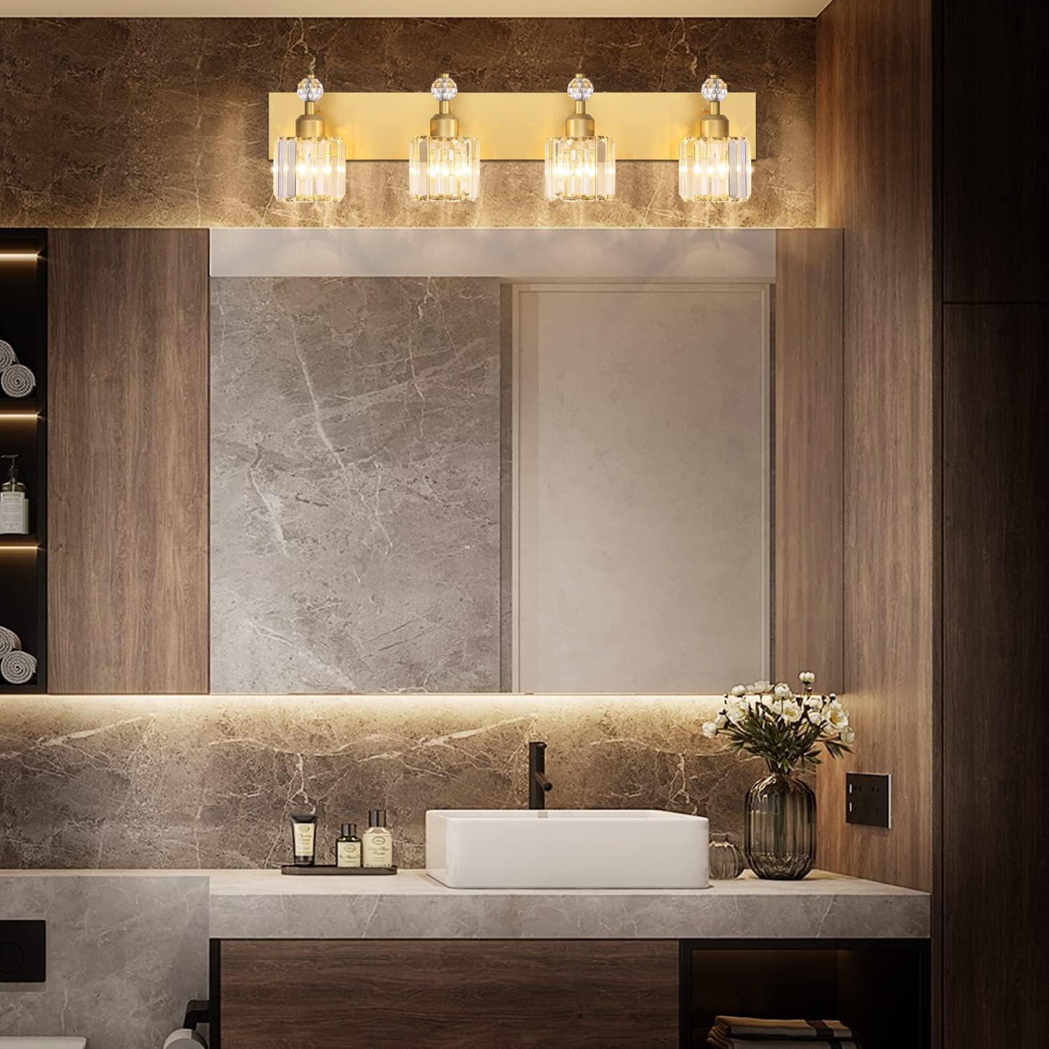 PRESDE Modern Crystal Bathroom Vanity Light 4-Light Stainless Steel Gold Finish