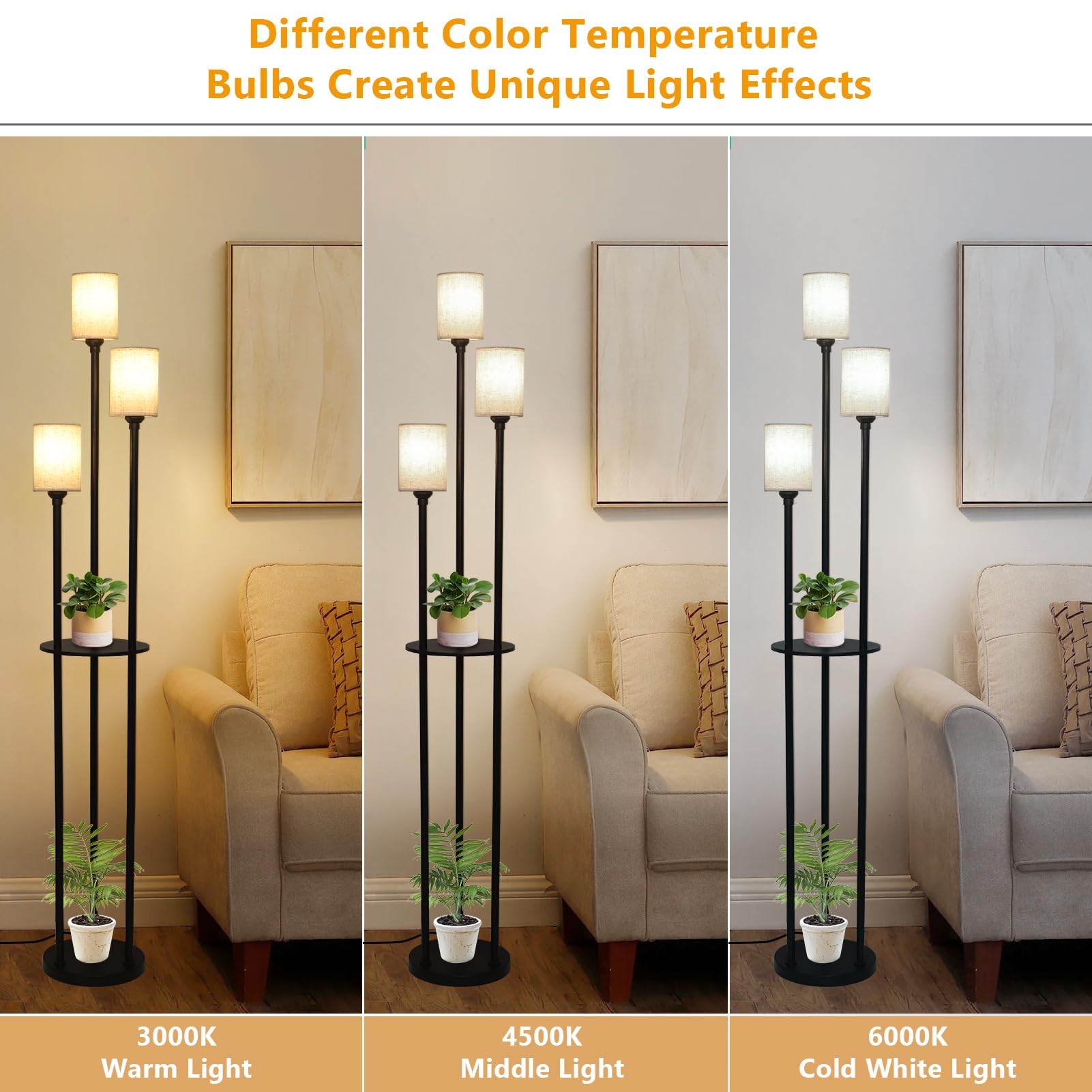 Stepeak Floor Lamp With Shelves, Modern Floor Lamps For Living Room, 3-Lights Standing Lamp With Linen Shade And Foot Switch, In