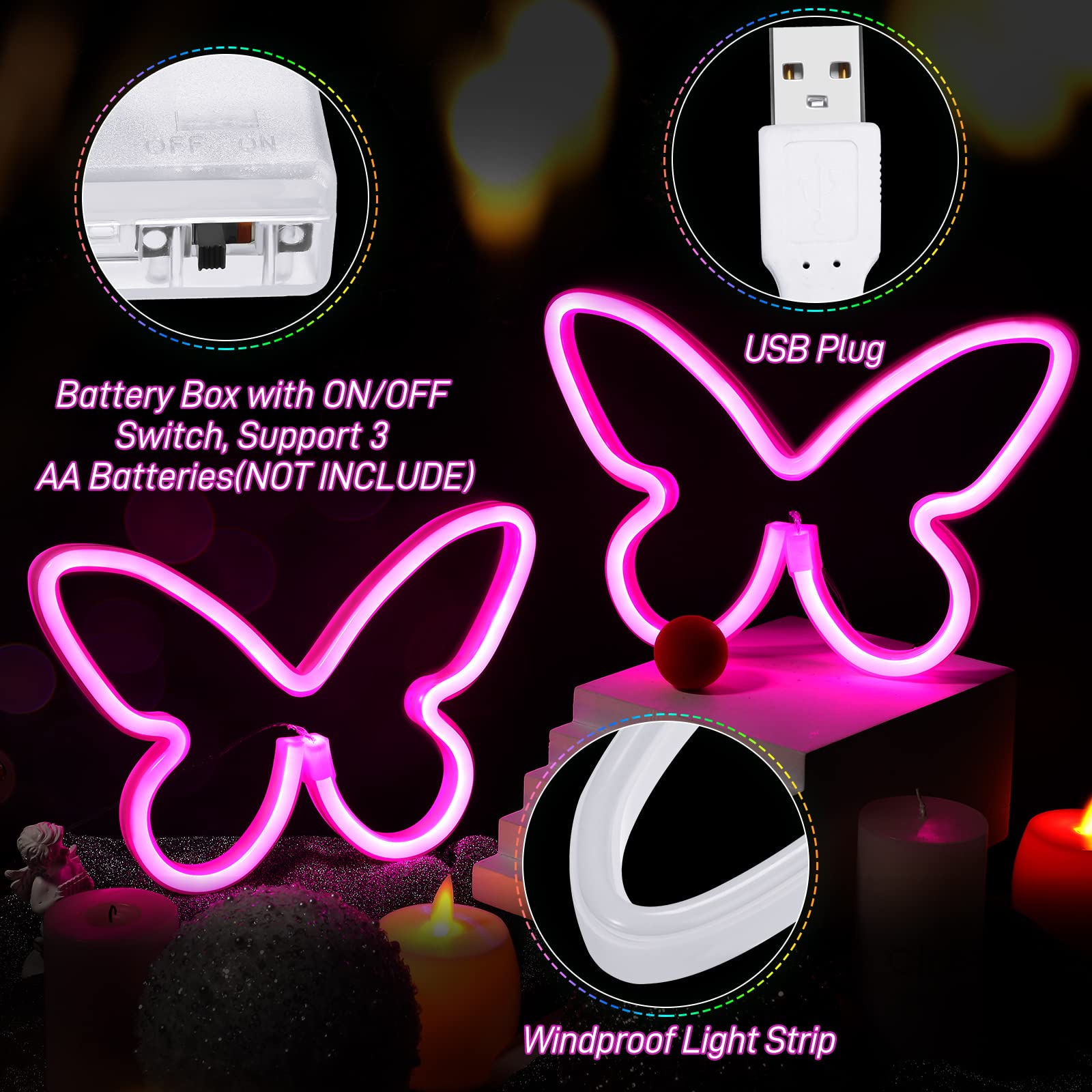 Riakrum Butterfly LED Light Neon Sign, USB & Battery Operated, Pink, Model Riakrum-Butterfly LED Light-781
