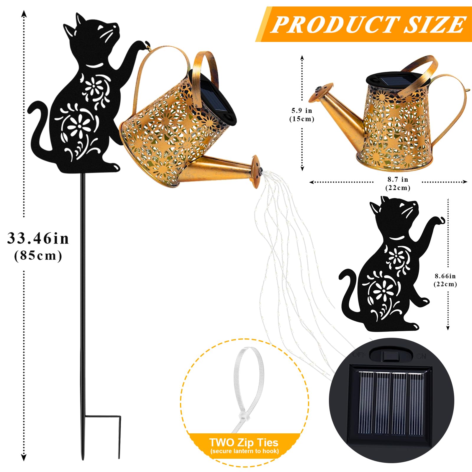 Ostritec Solar Lights Outdoor Decorative Watering Can with Cat Silhouette Garden Stakes, Waterproof Metal Yard Art