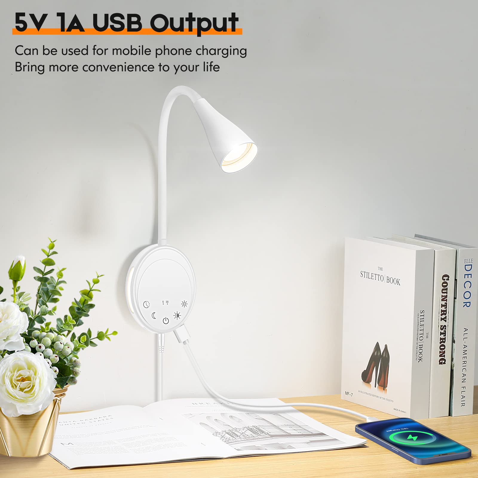 Sankedou Led Wall Mount Reading Light, Bedside Reading Lights With Touch Control, 5 Dimmable, Usb Output, Night Light & Timers,