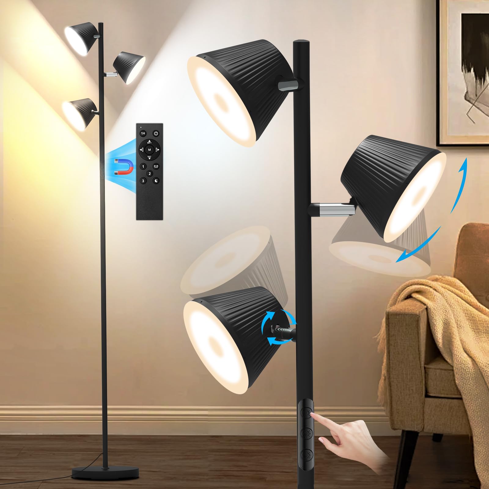 Pesken [2025 New] 42W LED Tree Floor Lamp, Modern Dimmable Standing Lamp with Remote Touch Control, 4 Color Temperatures, 3 Rota