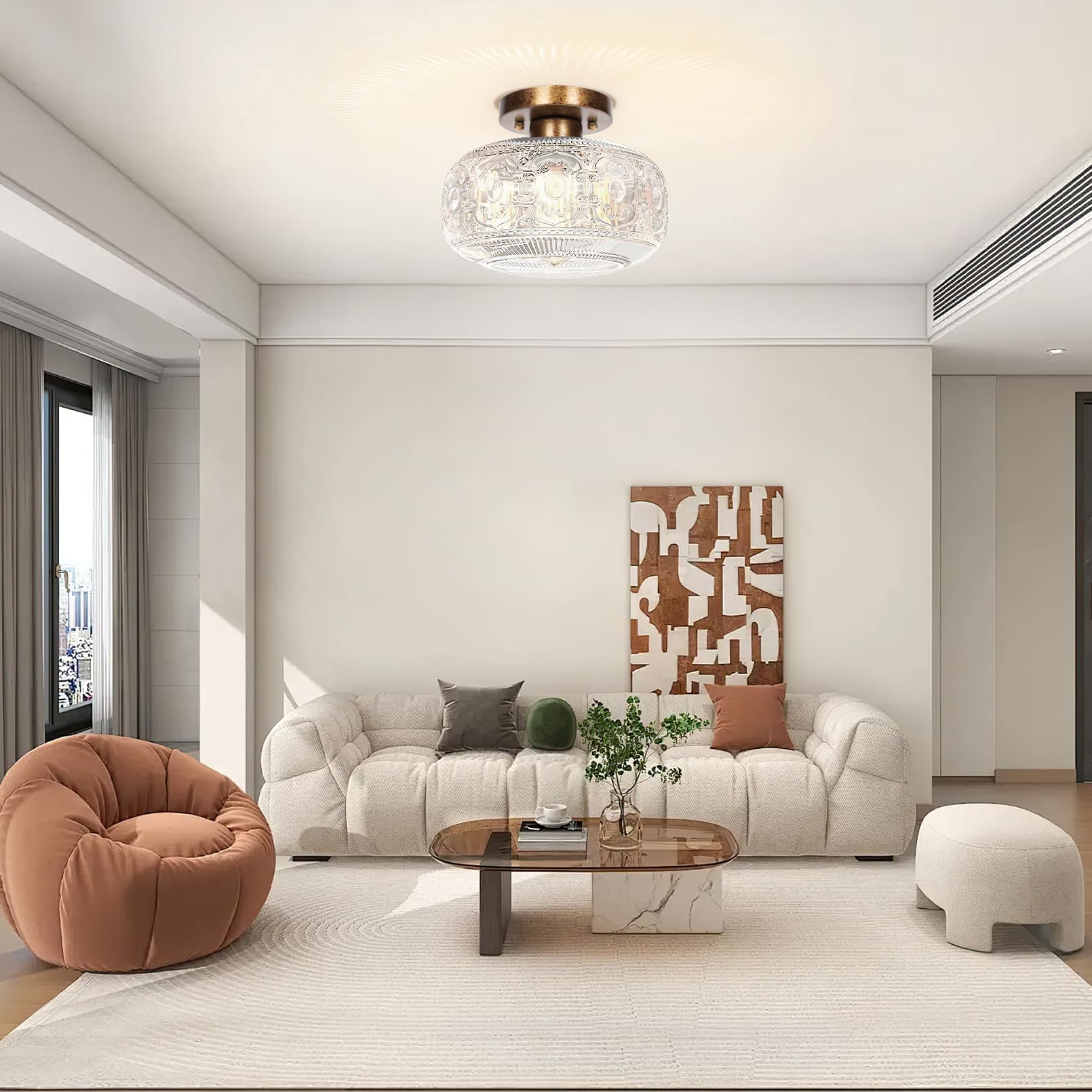 Oykyohei Antique Bronze Semi Flush Mount Ceiling Light With Globe Glass For Hallway & Bedroom