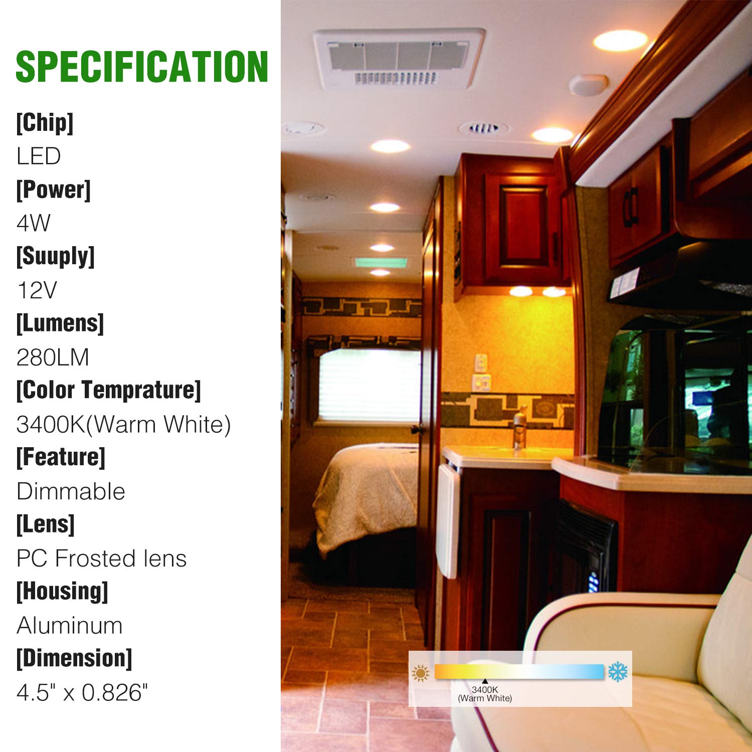 Homdec RV LED Recessed Down Light, 4.5 Inch, 12V Puck Light, Metal, 3500K Warm White, Model RVR4HN-34,
