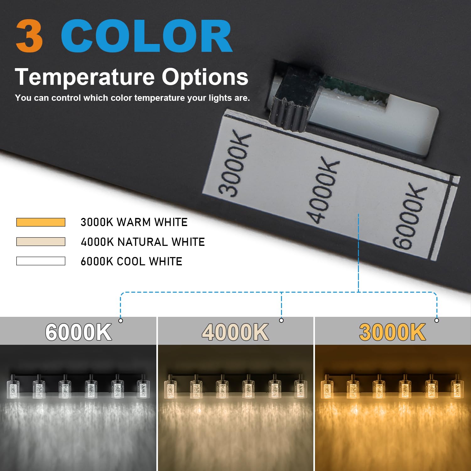 SineRise Vanity Light Fixture, Dimmable Modern Wall Light, 3 Color Modes, 6-Light, Black, Metal, Model S0028