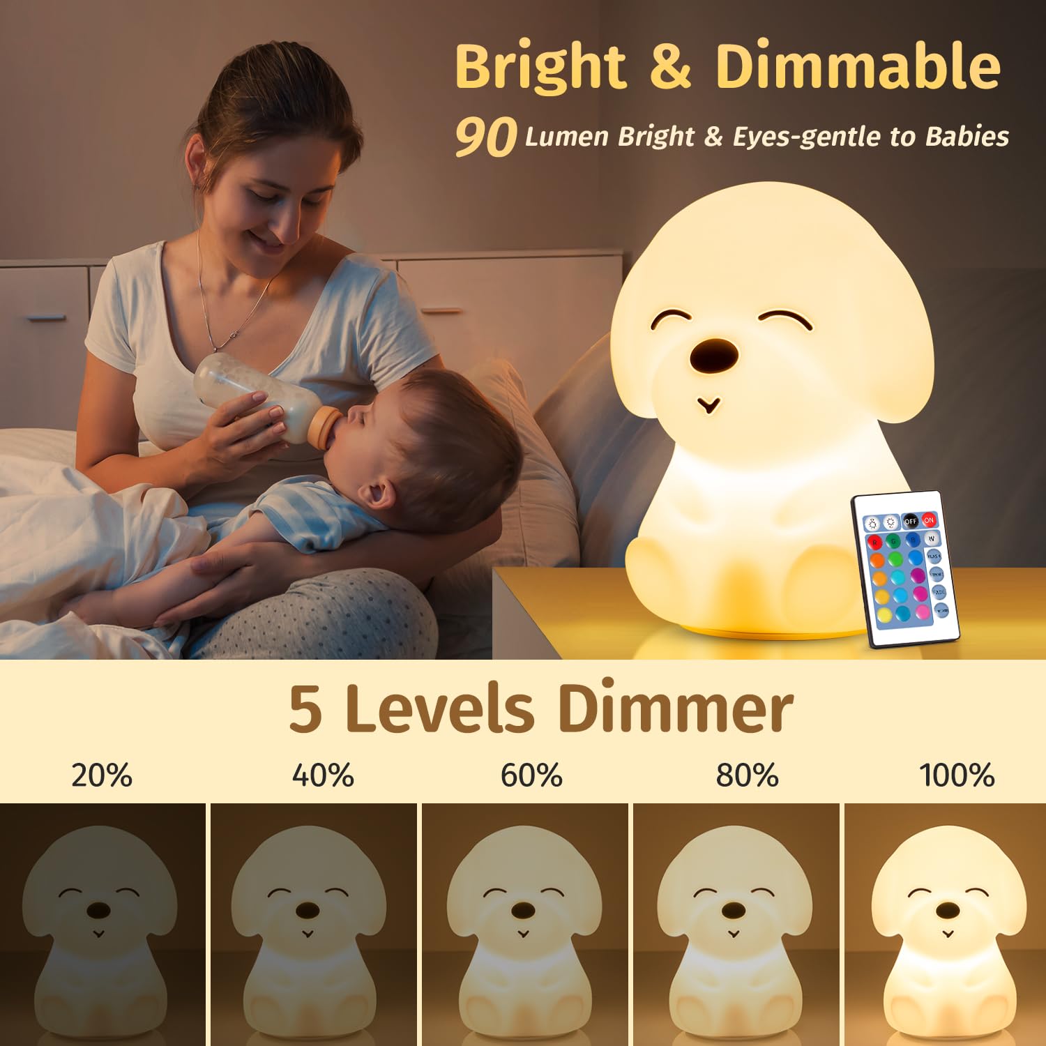 Mubarek Puppy Night Light Lamp - Remote & Timer, 16 Colors, Rechargeable Silicone, Dog Size