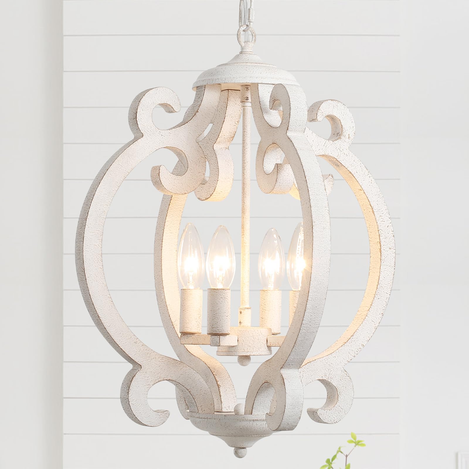 Farmhouse Chandelier for Dining Room, French Country Chandelier Distressed White, 4-Light Rustic Wooden Chandelier, Cottage Anti