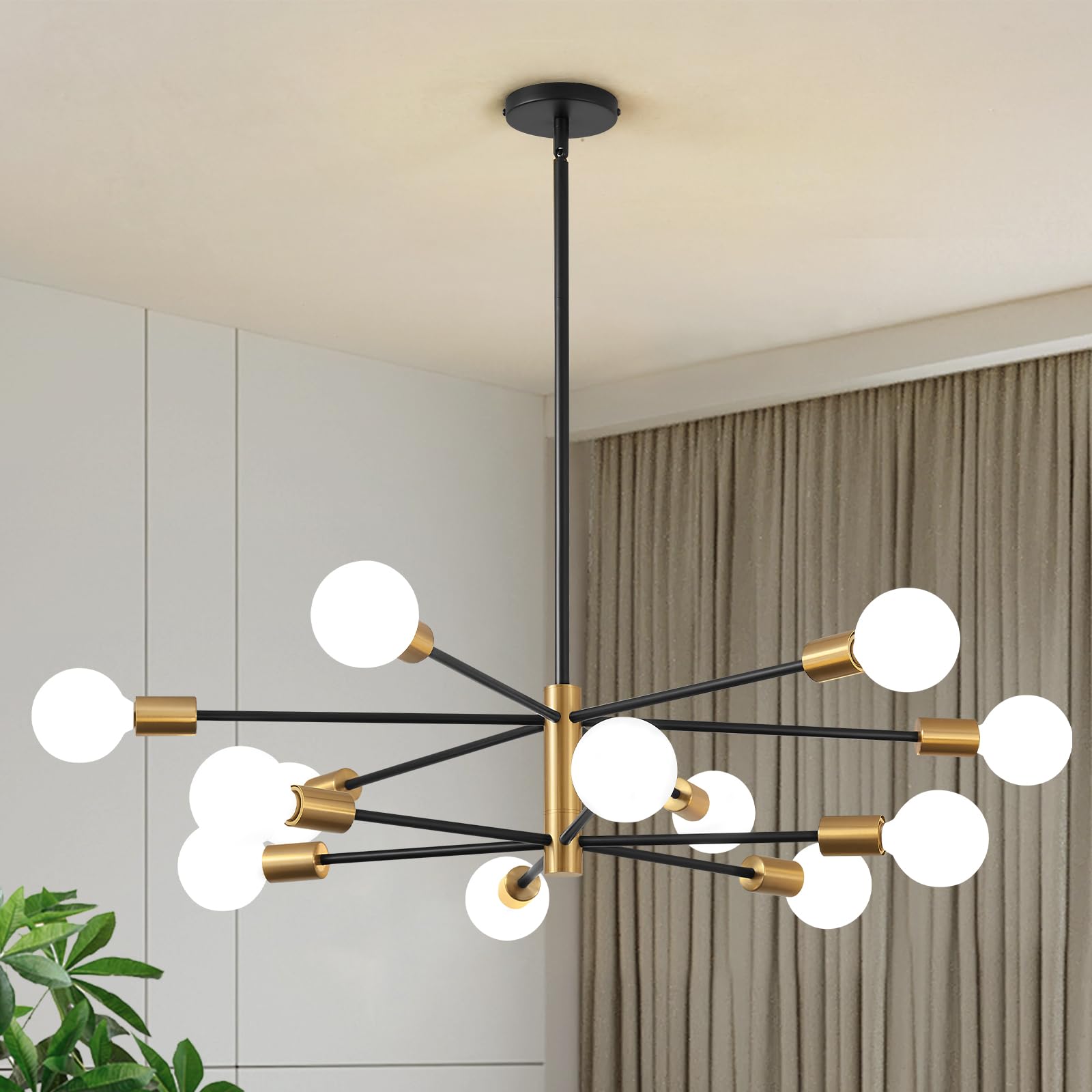 Kaisite 12-Light Modern Sputnik Chandelier - Black Gold Fixture For Dining Room & Kitchen