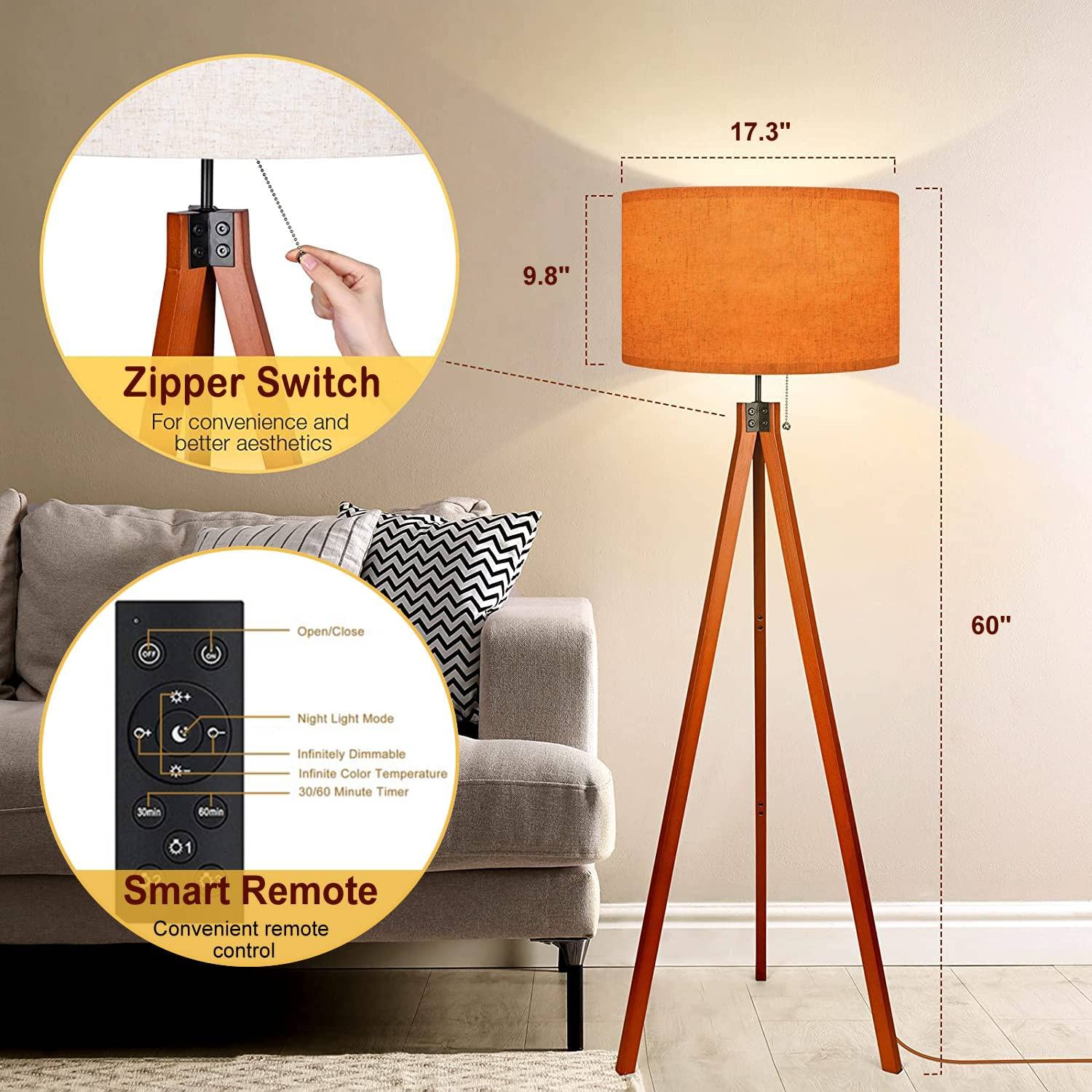 Baistsaeler Wood Tripod Floor Lamp Golden Orange Colored Blurred Modern Standing Lamp Linen Lampshade Dimmable Tall Lamp Mid Cen