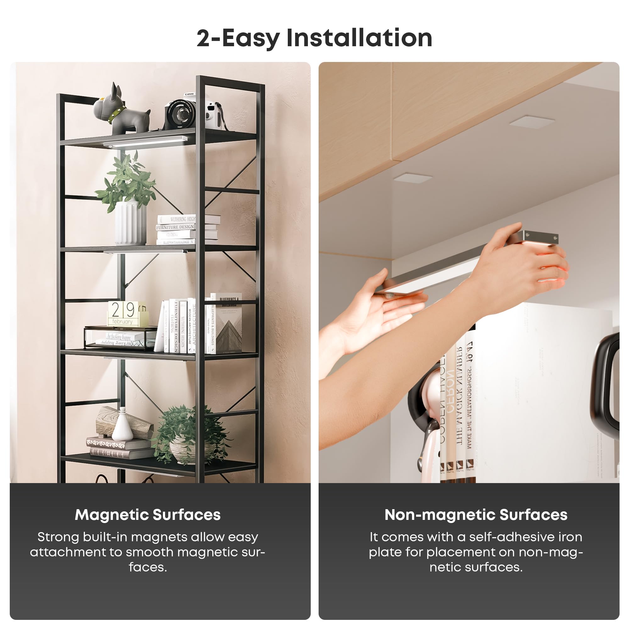 LROLTEF Under Cabinet Lights, 2 Pack Wireless Magnetic Dimmable 32 LED Motion Sensor, USB Rechargeable, Silver, 8.3 Inch for Kitchen & Stairs