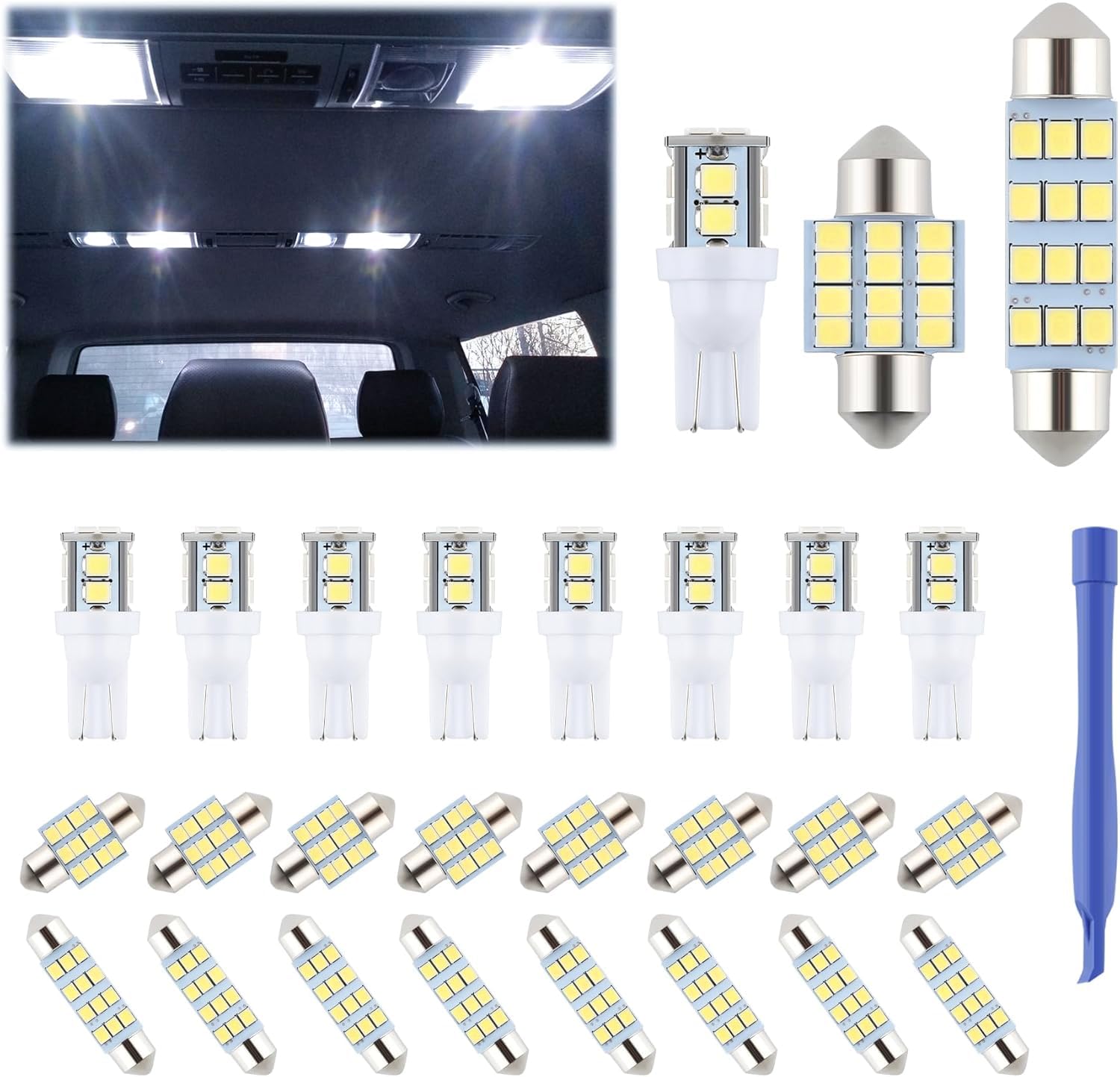 iFunyLED 24-Piece Dome Light LED Bulb Kit - Cool White Interior Replacement Lights for Car