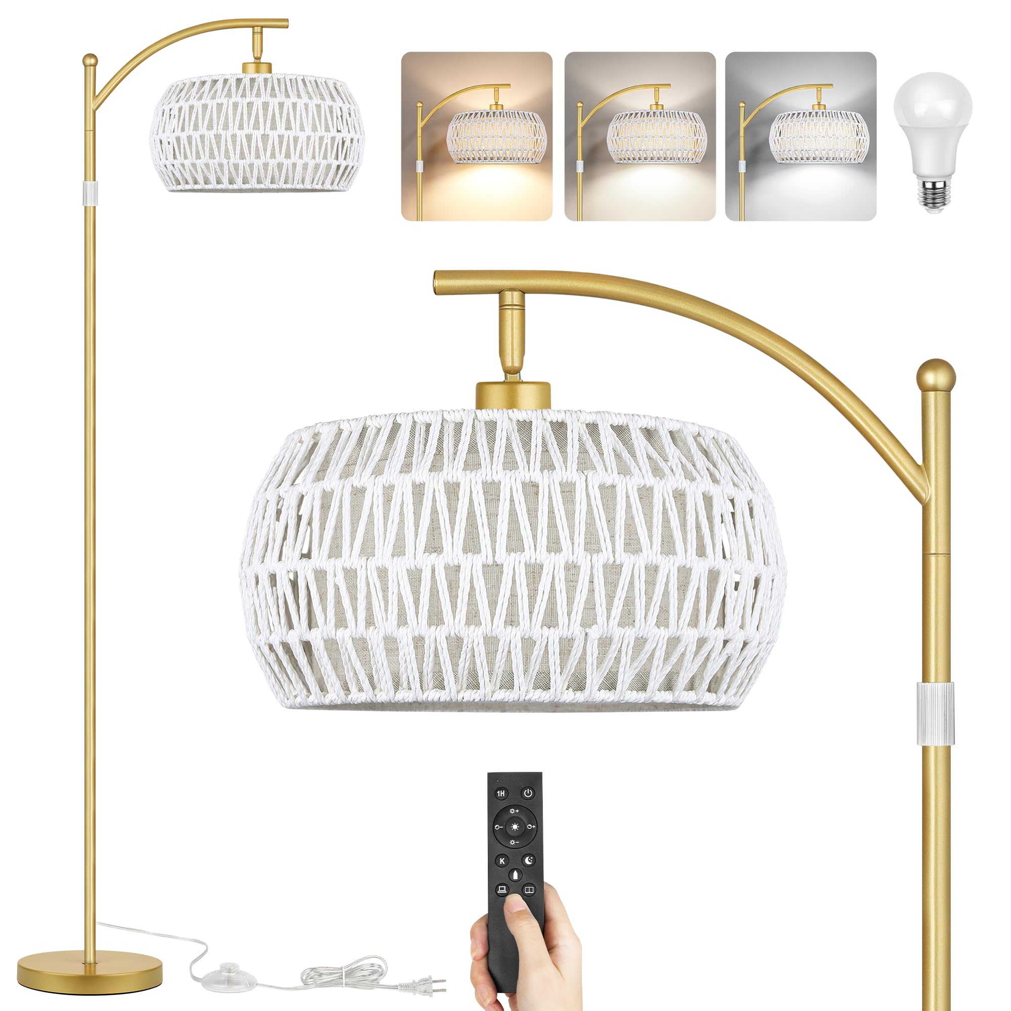 Rottogoon Boho Floor Lamp With Dimmable Bulb, White Rattan &Linen Double Shades, Boho Standing Tall Lamps With Foot Switch, Gold