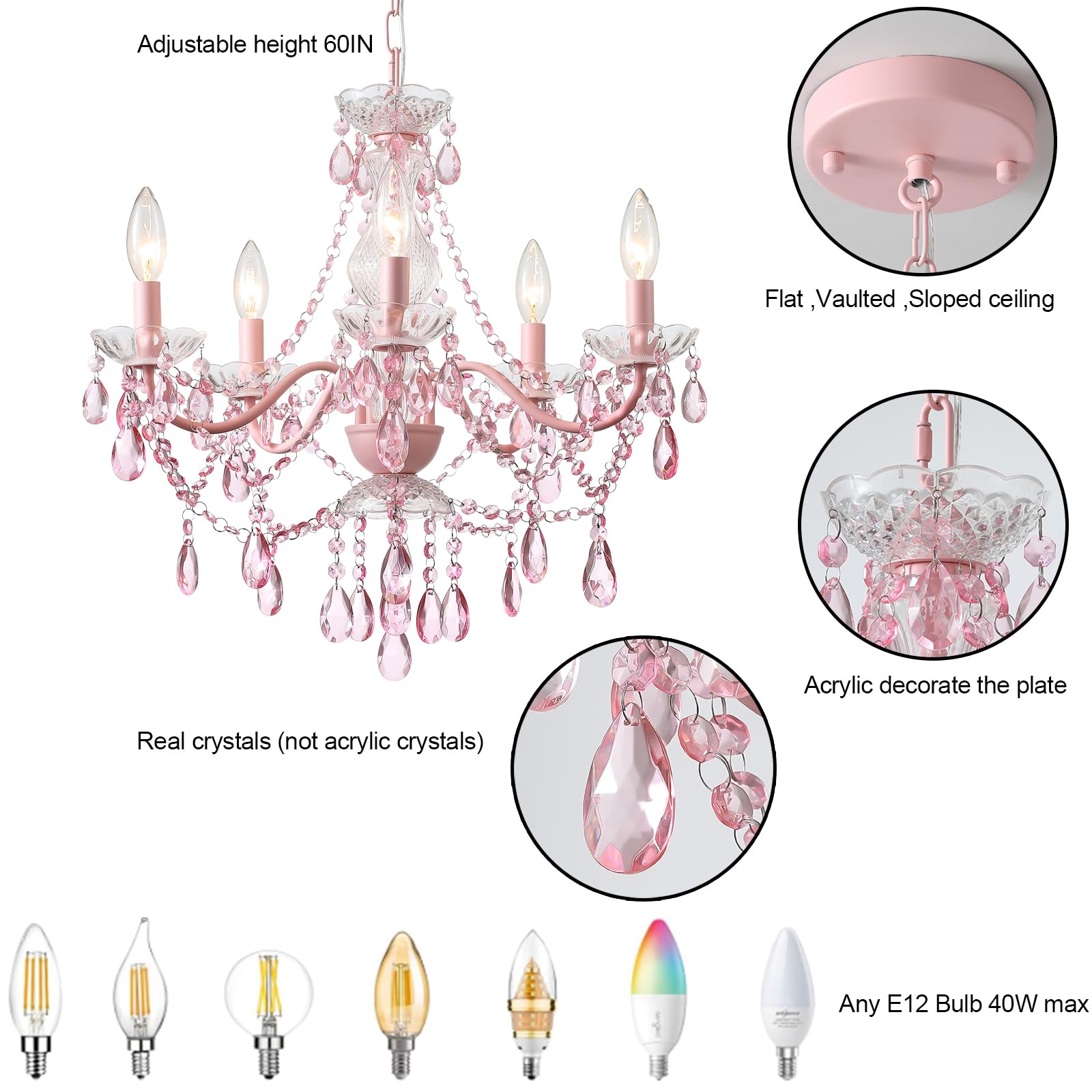 AMZASA Modern Crystal Chandelier, Pink Crystals, 20.87"x19.7"x79.7"H, Glass Pendant Light for Girls Room, Model AS9027-5PNIK