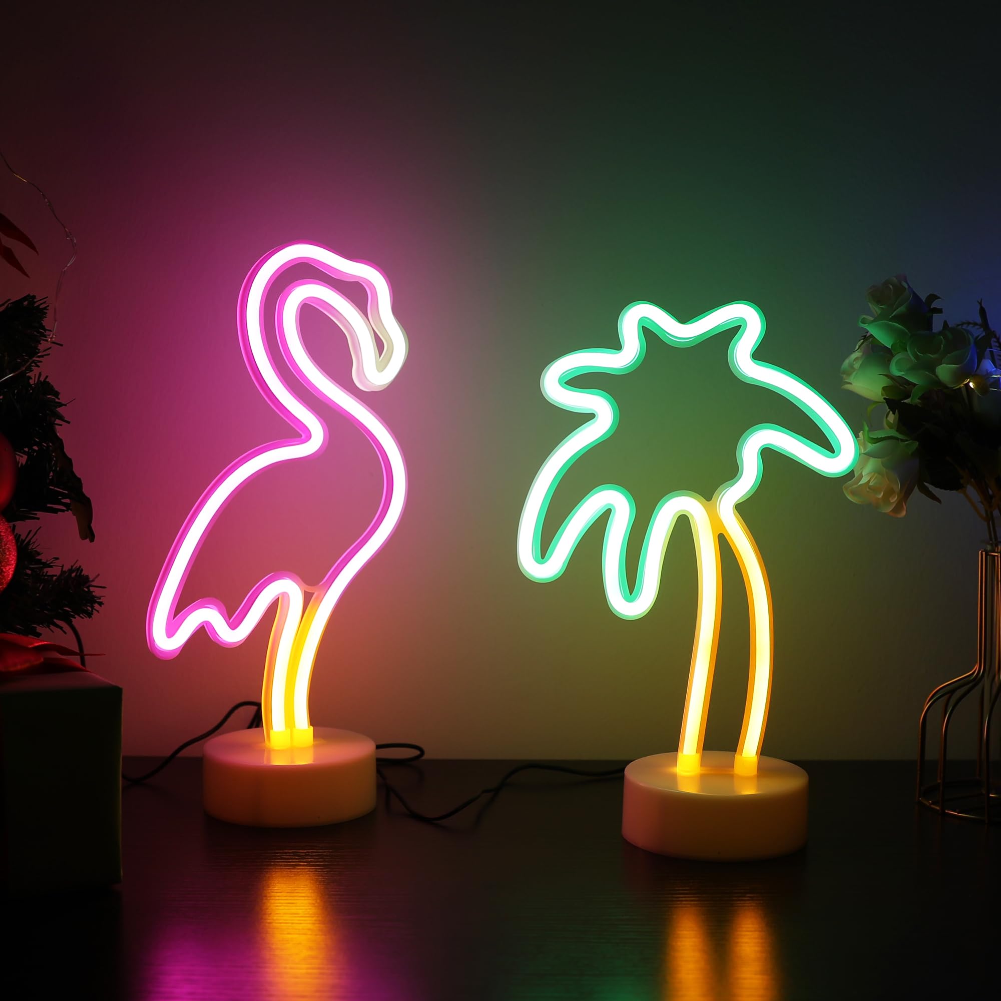 Enuoli Led Flamingo And Coconut Palm Tree Neon Signs Led Battery/Usb Powered Neon Light With Holder Base Decoration Neon Light F