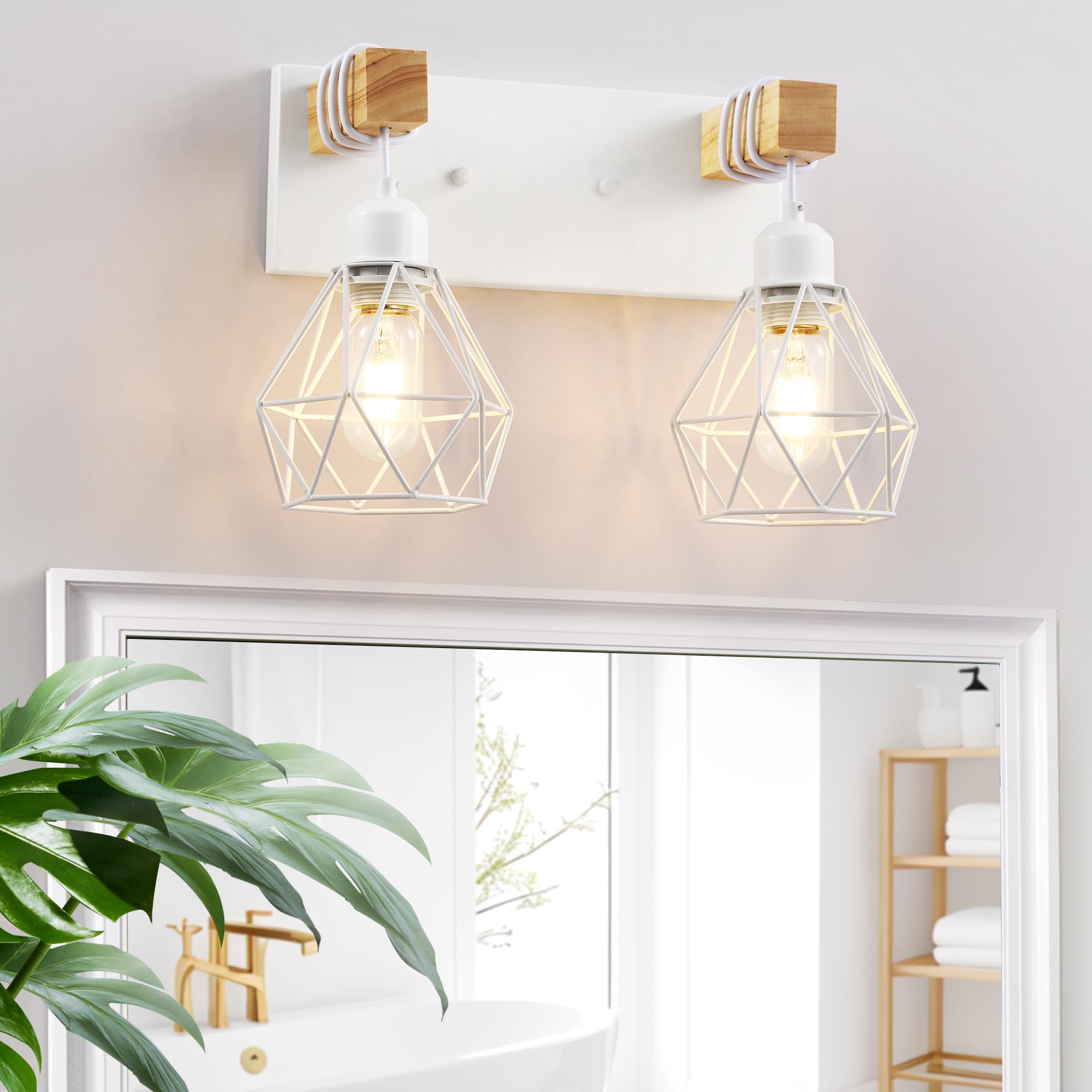White Bathroom Vanity Light Fixtures  2-Light Wood Bathroom Light Fixtures Over Mirror  Rustic Sconces Wall Lighting With Elegant Metal Lampshade For Living Room  Bedroom  Hallway