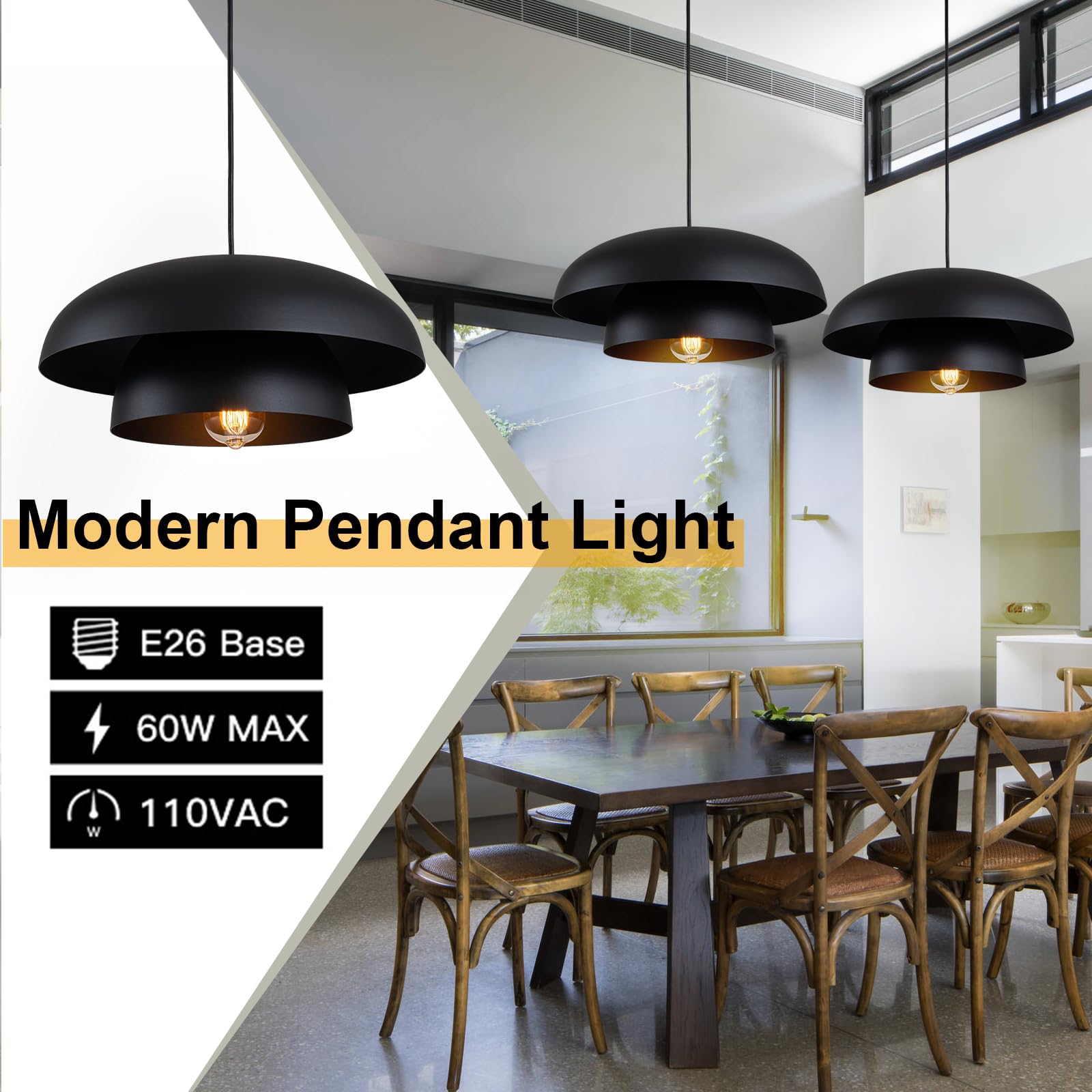 Lingkai 15.7'' Black Modern Pendant Light Fixtures, Kitchen Lighting Fixtures Ceiling Hanging Light Fixtures, Farmhouse Large Pe