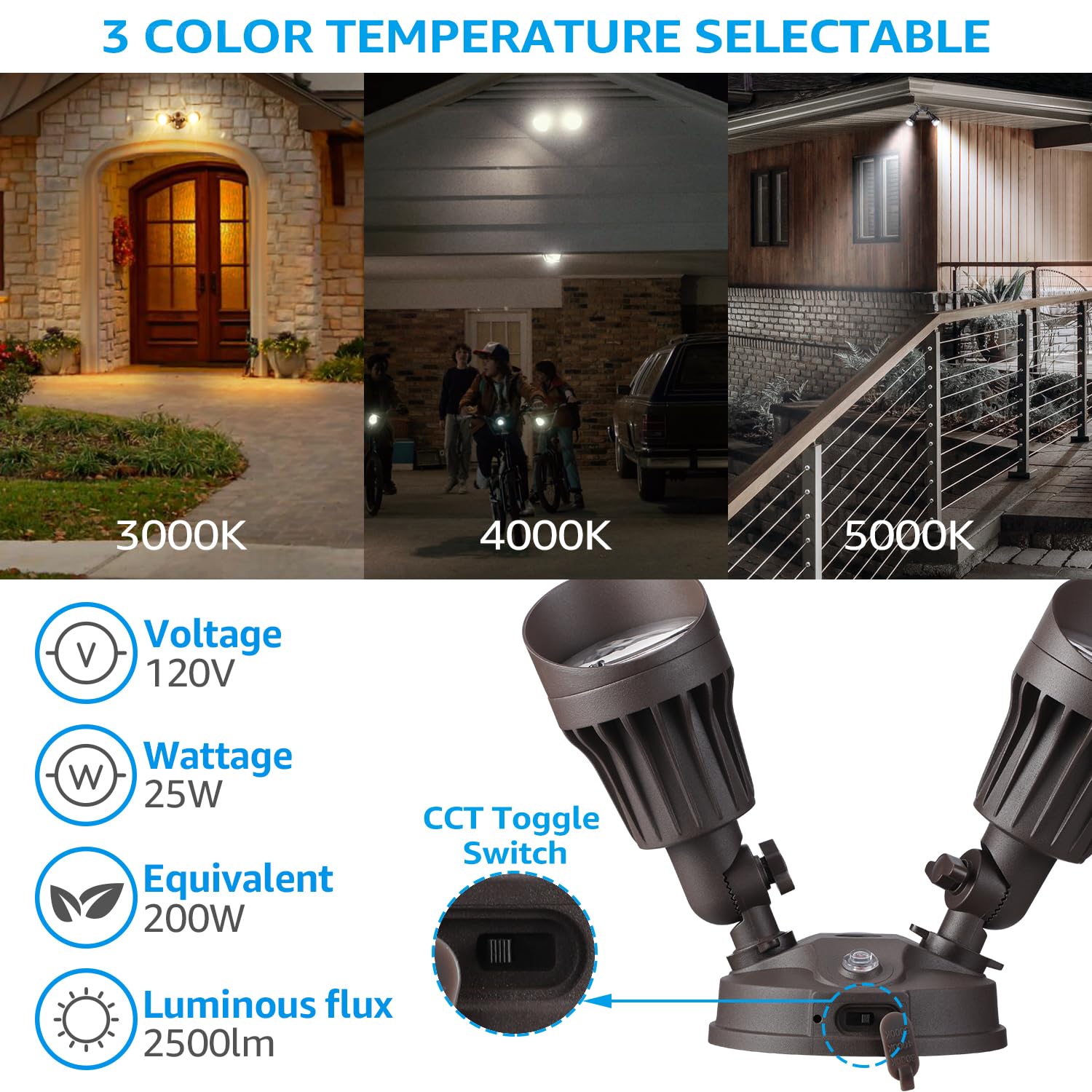 Leonlite 3Cct Dusk To Dawn Led Security Lights, Adjustable Dual-Head Flood Light Outdoor With Photocell, 3000K/4000K/5000K Selectable, 25W(200W Equiv.), Wet Location, Aluminum, Etl Listed, Bronze