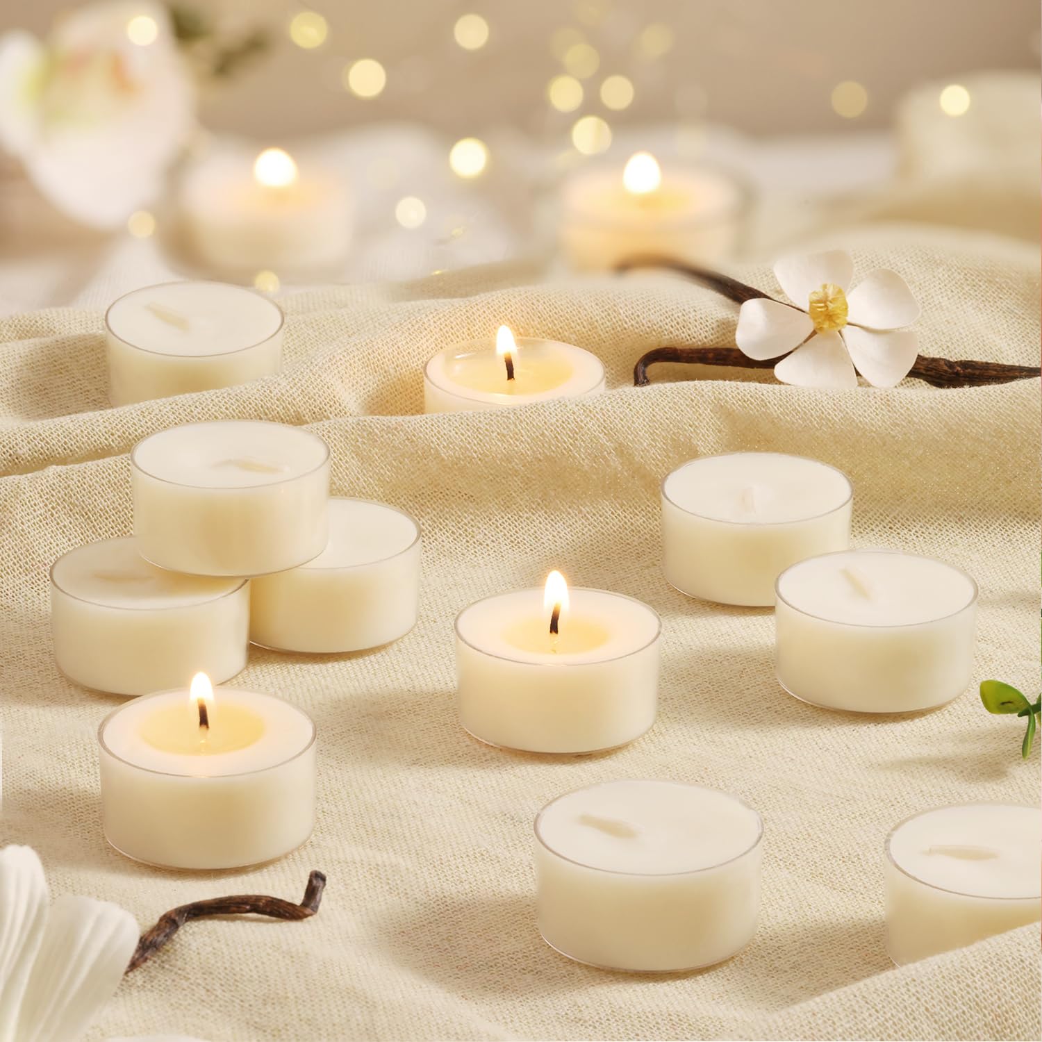 Scented Tea Lights Candles, Vanilla Embrace, 48 Pack - 100% Palm Wax Scented Tealights, Ivory Color, 6 Hour Long Burning, Vanill