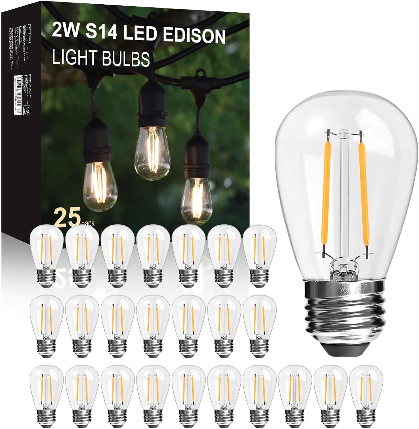 Langplus+ 25Pack 2W S14 Led Glass Bulbs For Outdoor String Lights Replacement, E26 Medium Screw Base, 2700K Warm White Led Ediso