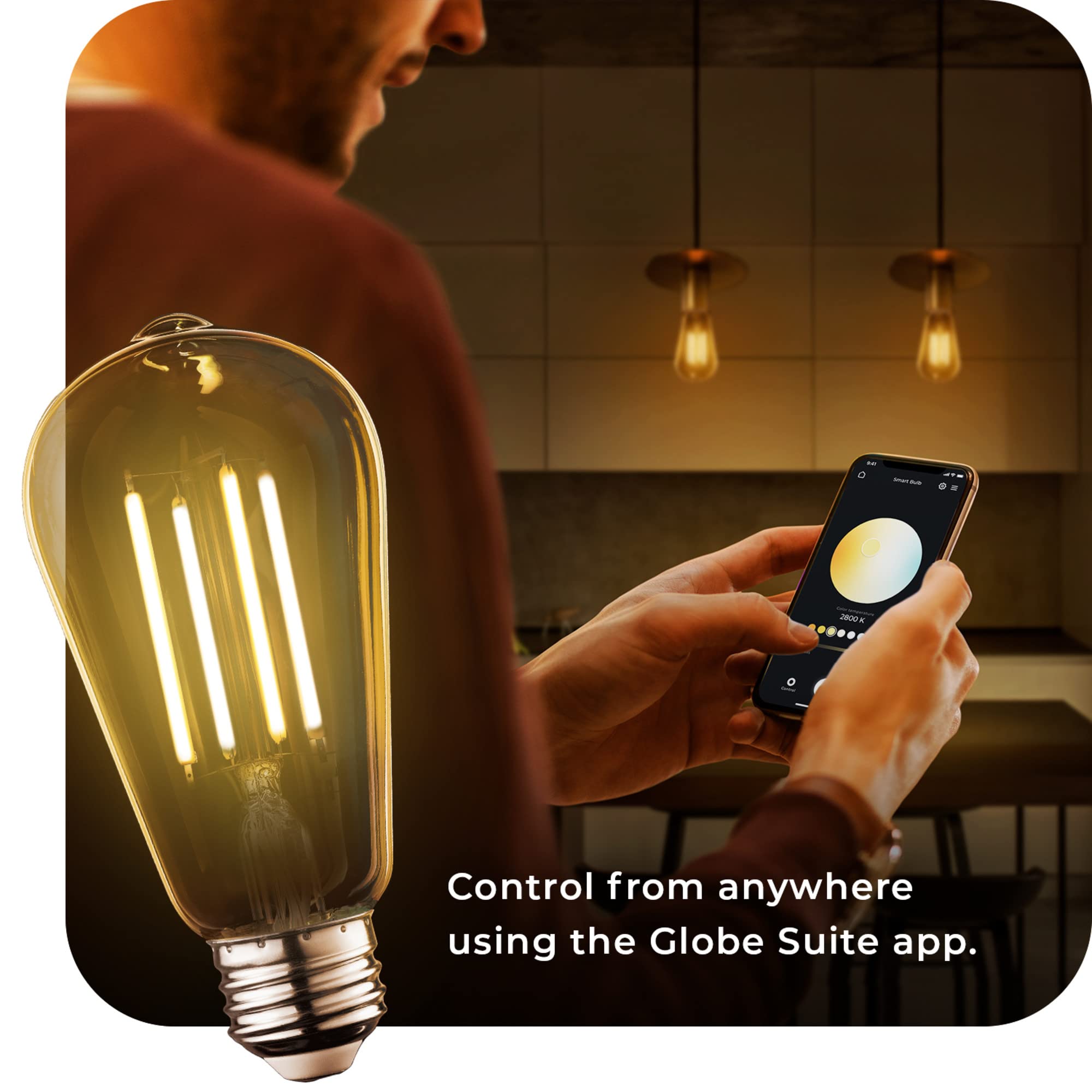 Globe Electric 34919 Wi-Fi Smart 5.5W (60W Equivalent) Straight Filament Tunable White Amber Glass Led Light Bulb, No Hub Required, Voice Activated, 2000K - 5000K, Vintage Edison Style, 500 Lumns