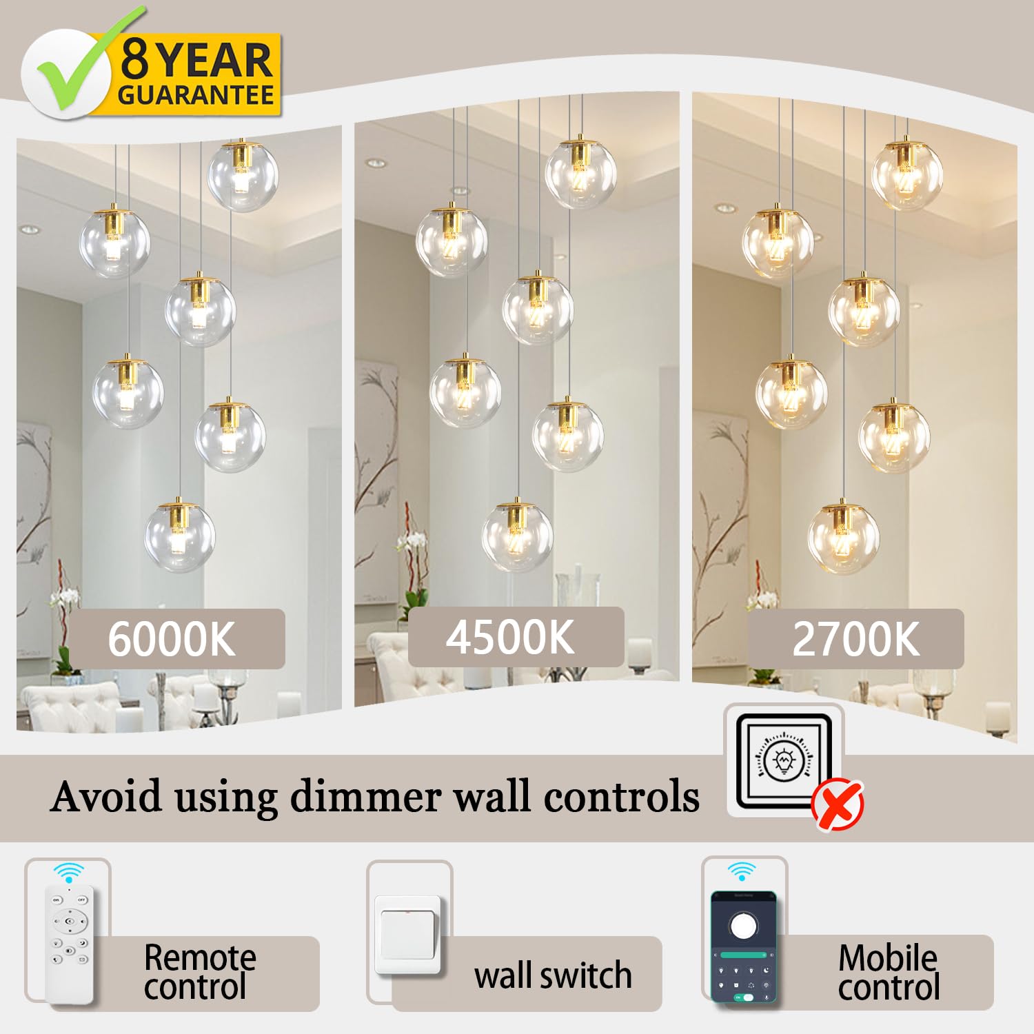 Ykolupty 6-Light Led Staircase Modern Glass Globe Pendant Light Gold Chandeliers Large Chandeliers For High Ceilings, Entryway L