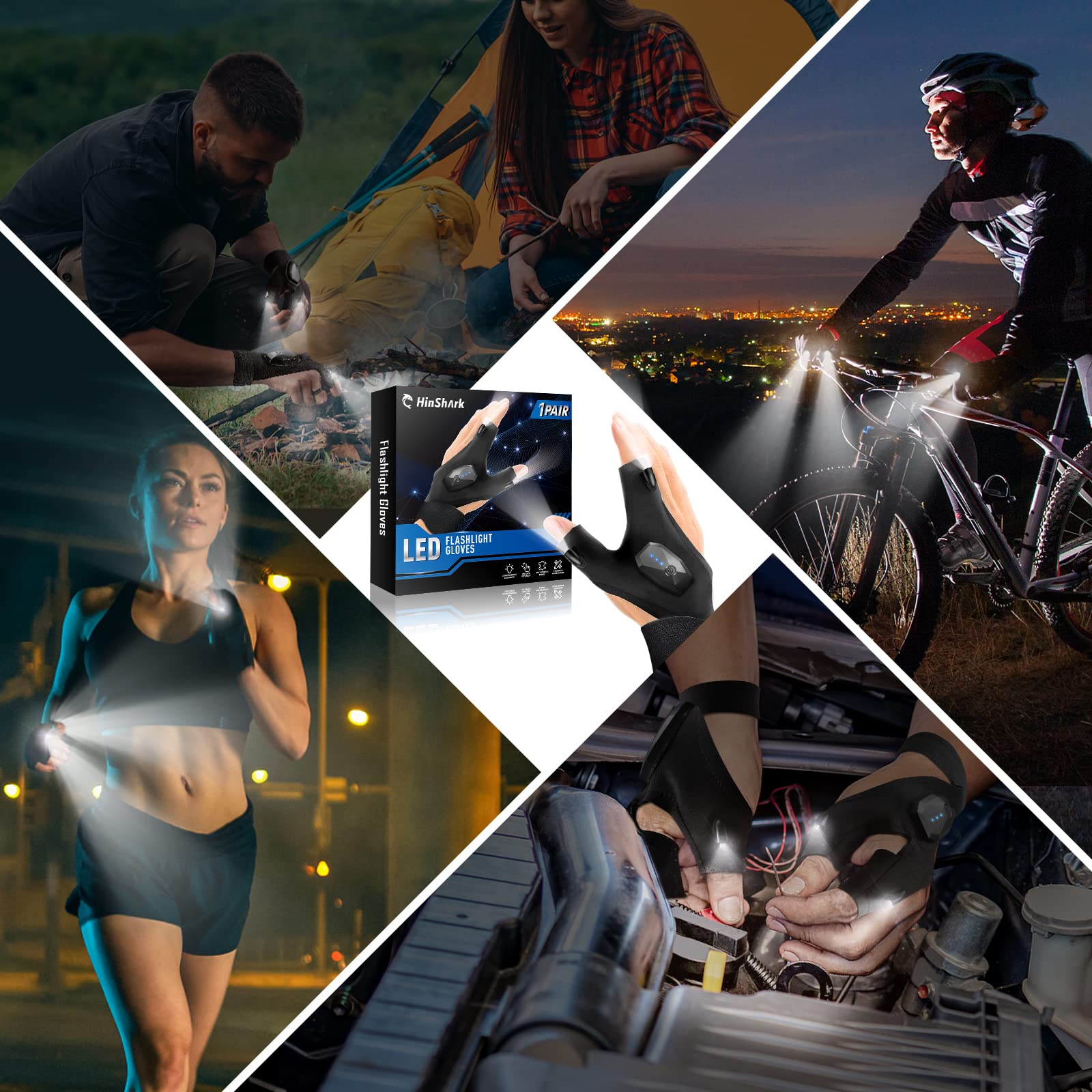 Hinshark LED Flashlight Gloves - Rechargeable, Nylon, One Size, Black - Unique Gifts for Men, Dad, Boyfriend, Husband
