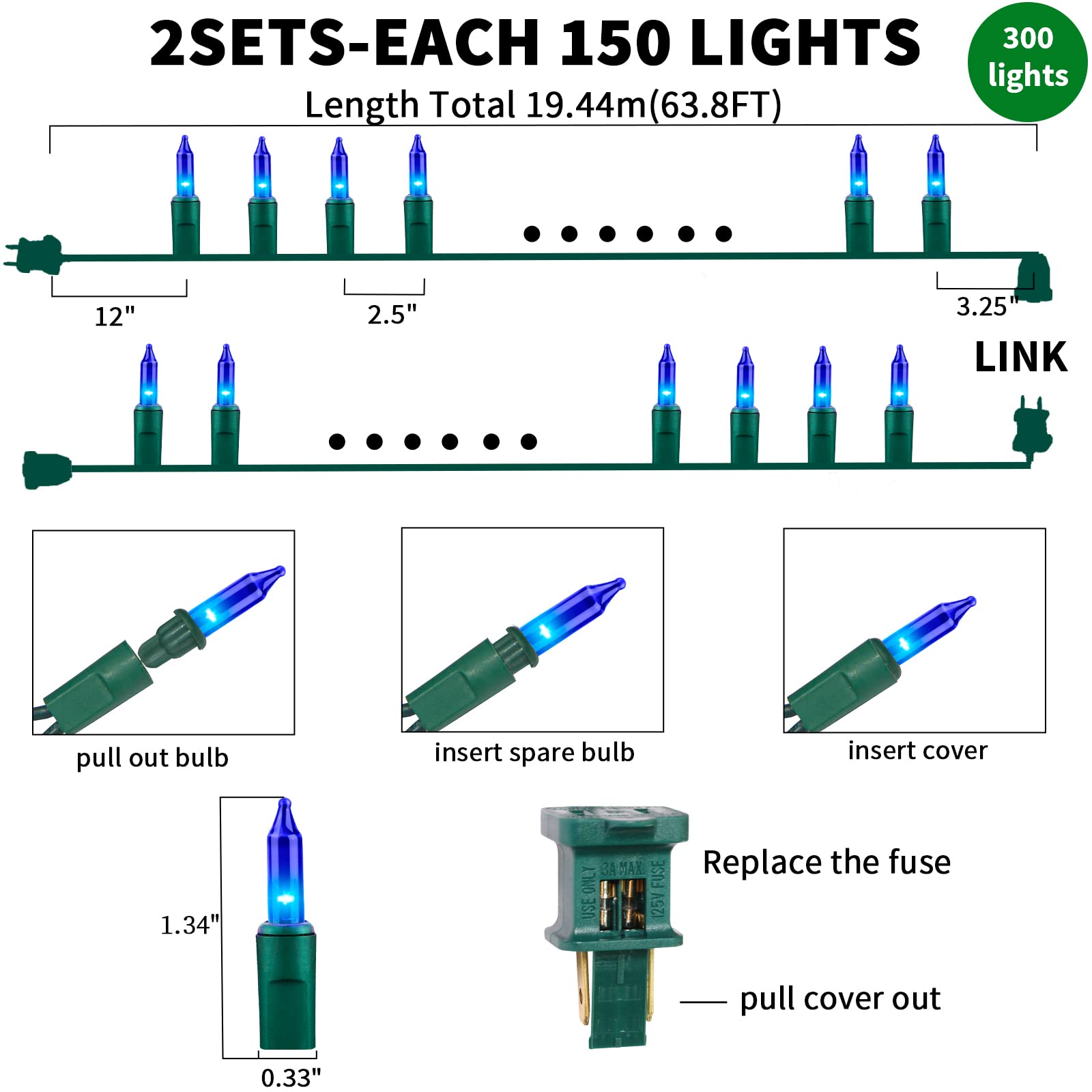 Twinglehome Ultra-Bright Connects End To End Blue Christmas Mini Light 300L 63.8Ft(2Sets-Each 150L)Ul Listed Incandescent Bulb S