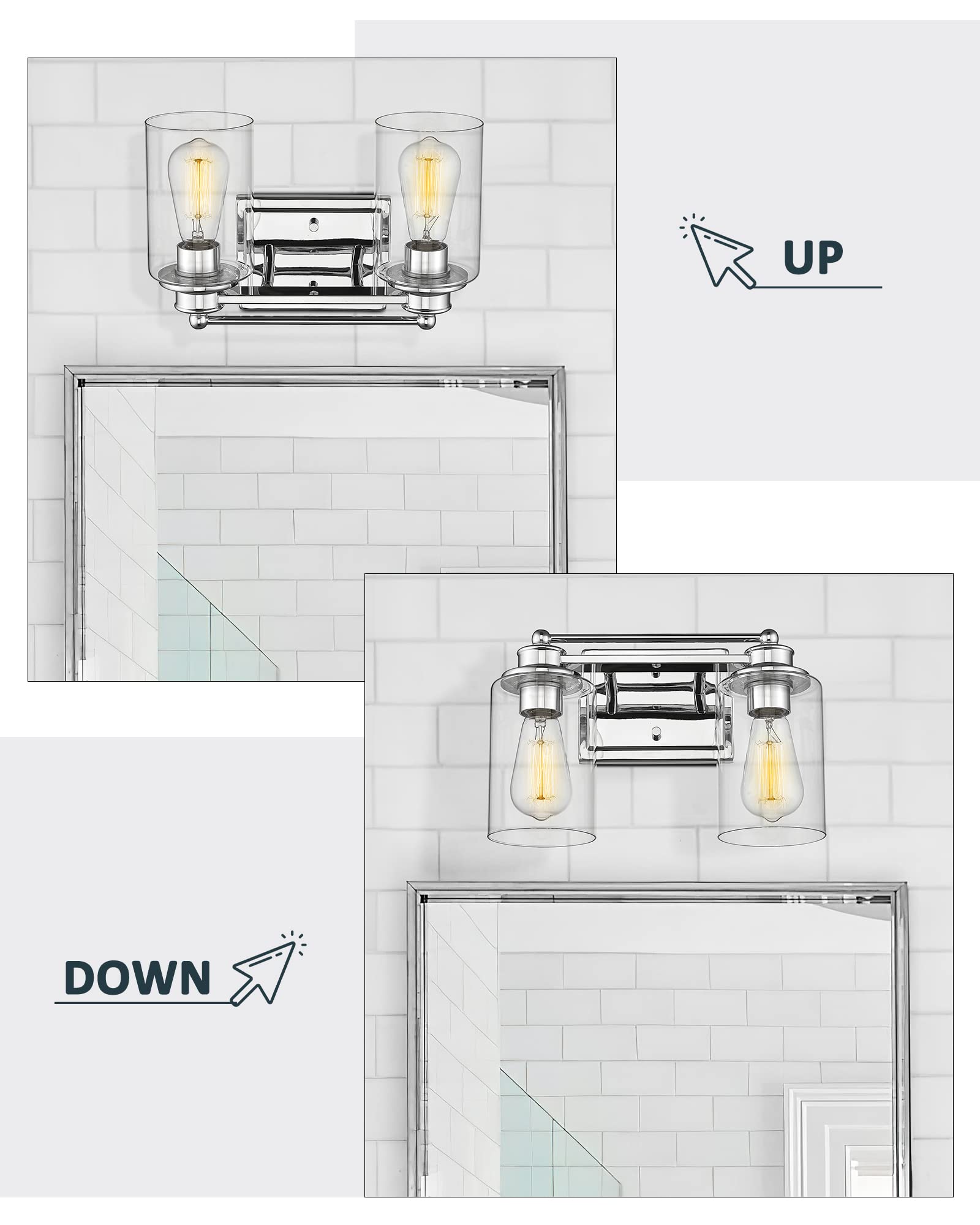 Hwh 2-Light Chrome Vanity Wall Sconce Lamp With Clear Glass Shade - Modern Bathroom Lighting
