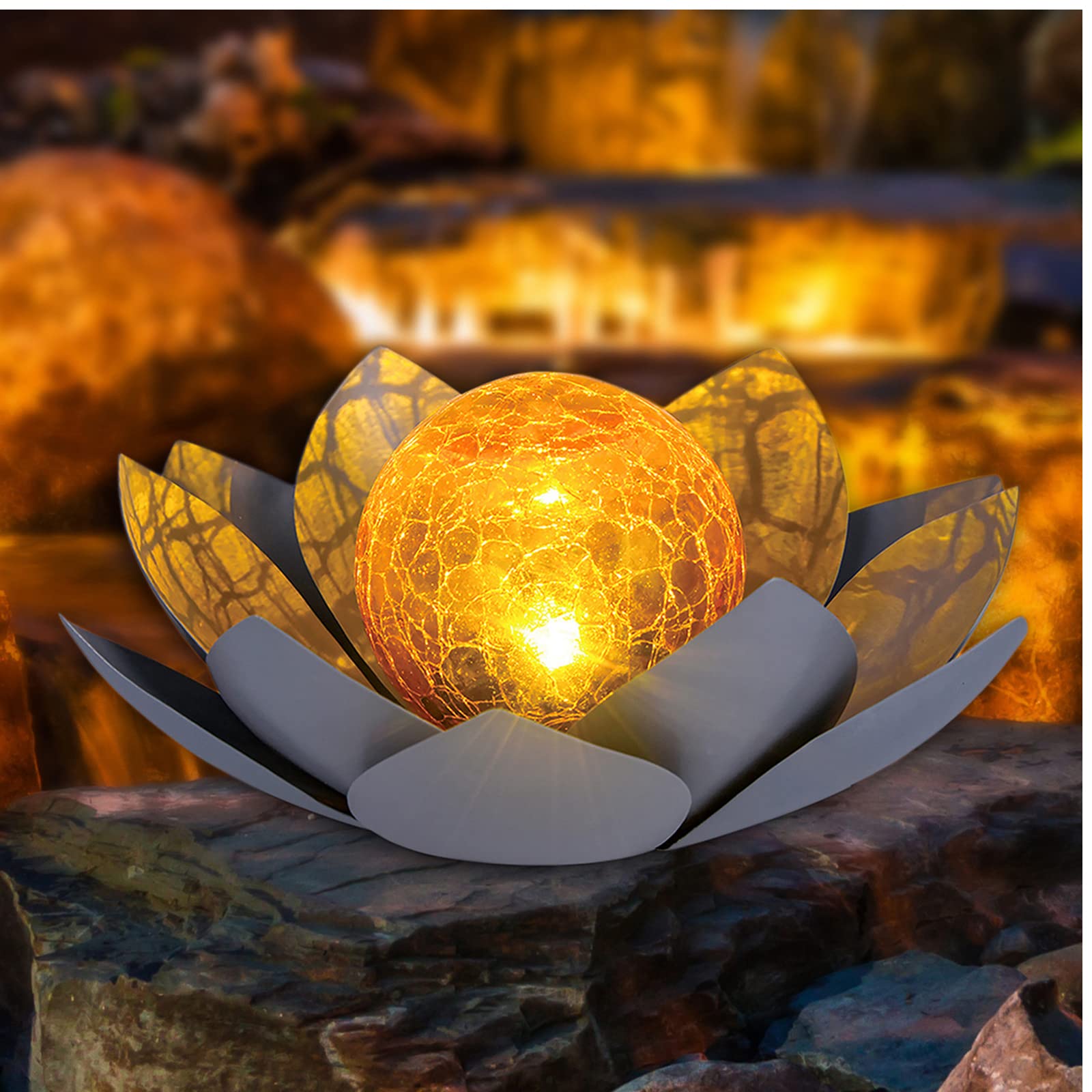 Huaxu Amber Crackle Globe Solar Lights - Gray Metal Lotus Garden Decor For Outdoor Use