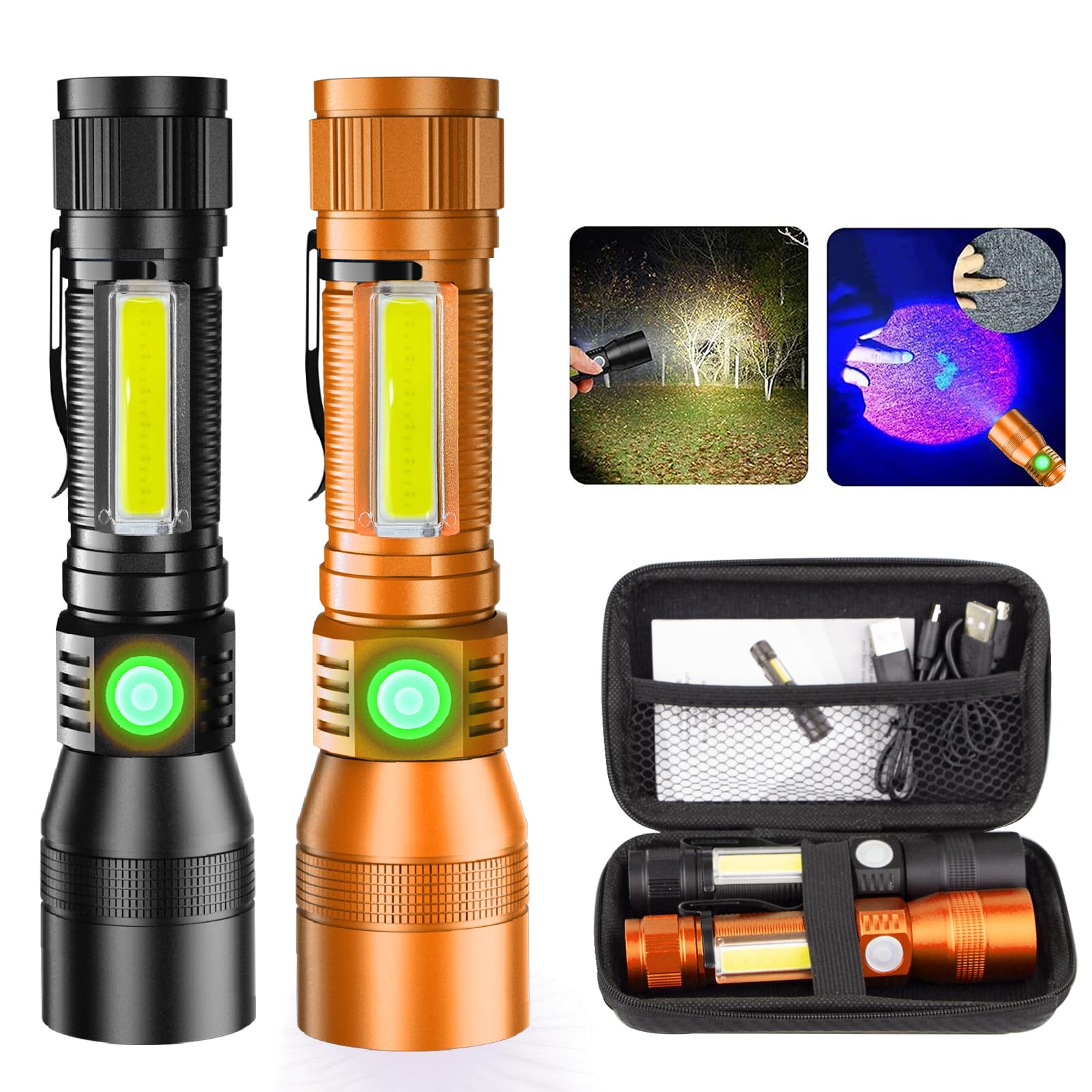 AdamStar 3-in-1 UV Flashlight, Magnetic Base, Rechargeable, 7 Modes, Aluminum, 2 Pack (Black+Brown), Model S016