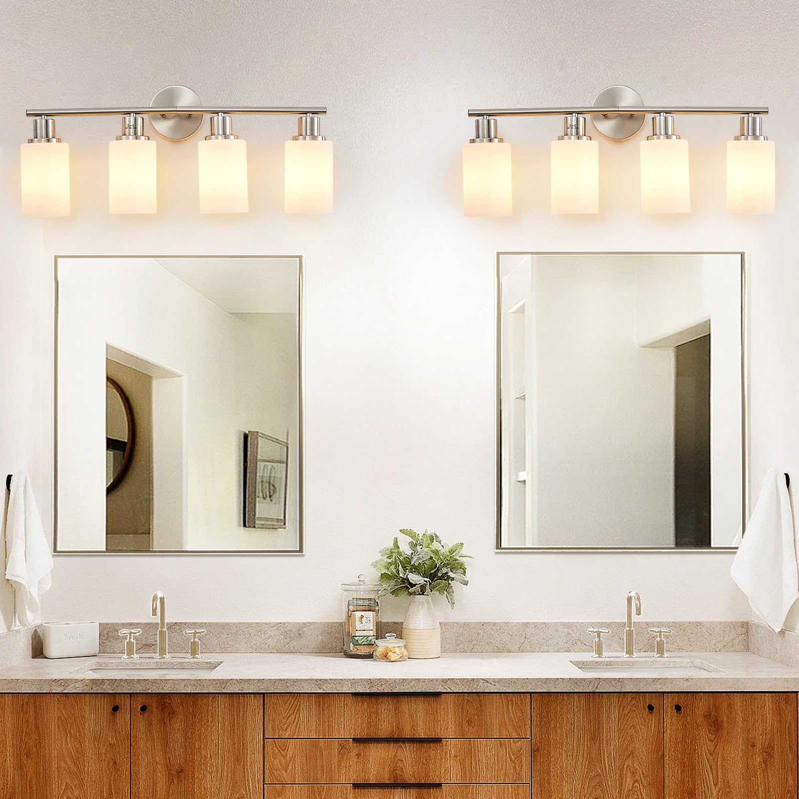 DINGLILIGHTING 4-Light Bathroom Vanity Light Fixtures, Milky White Glass Shade, Brushed Nickel, Metal, Modern Design